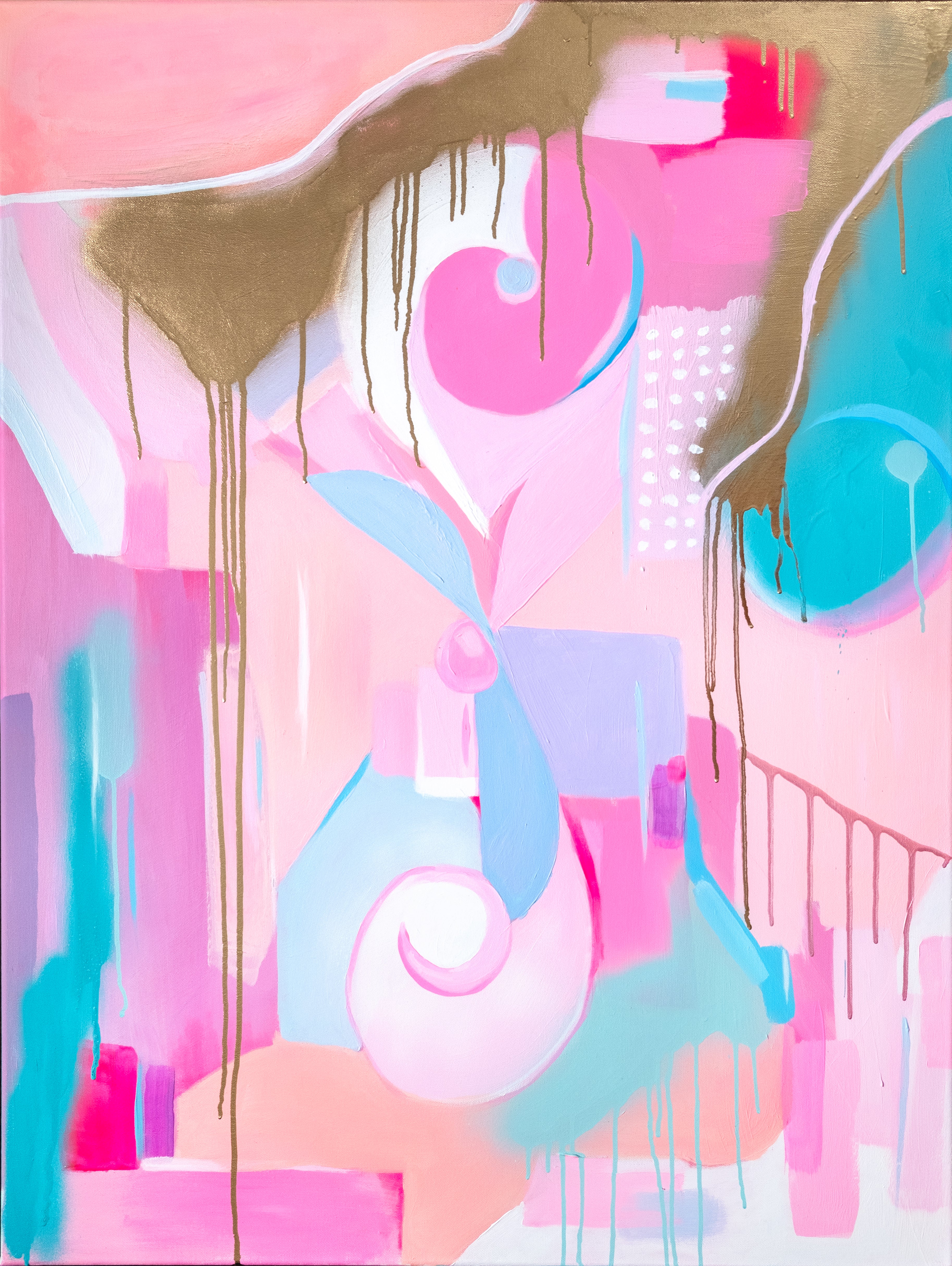 Pink abstract painting "Love’s Alchemy" by Carina Dawn, with emotional color blending and expressive movement.
