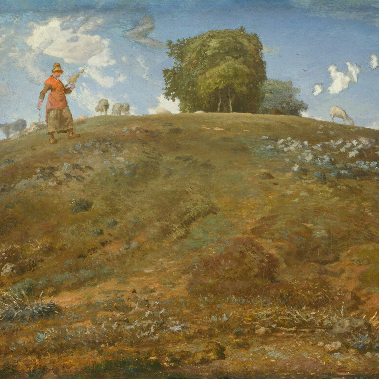 Landscape painting of a woman with a dog and sheep on a hillside