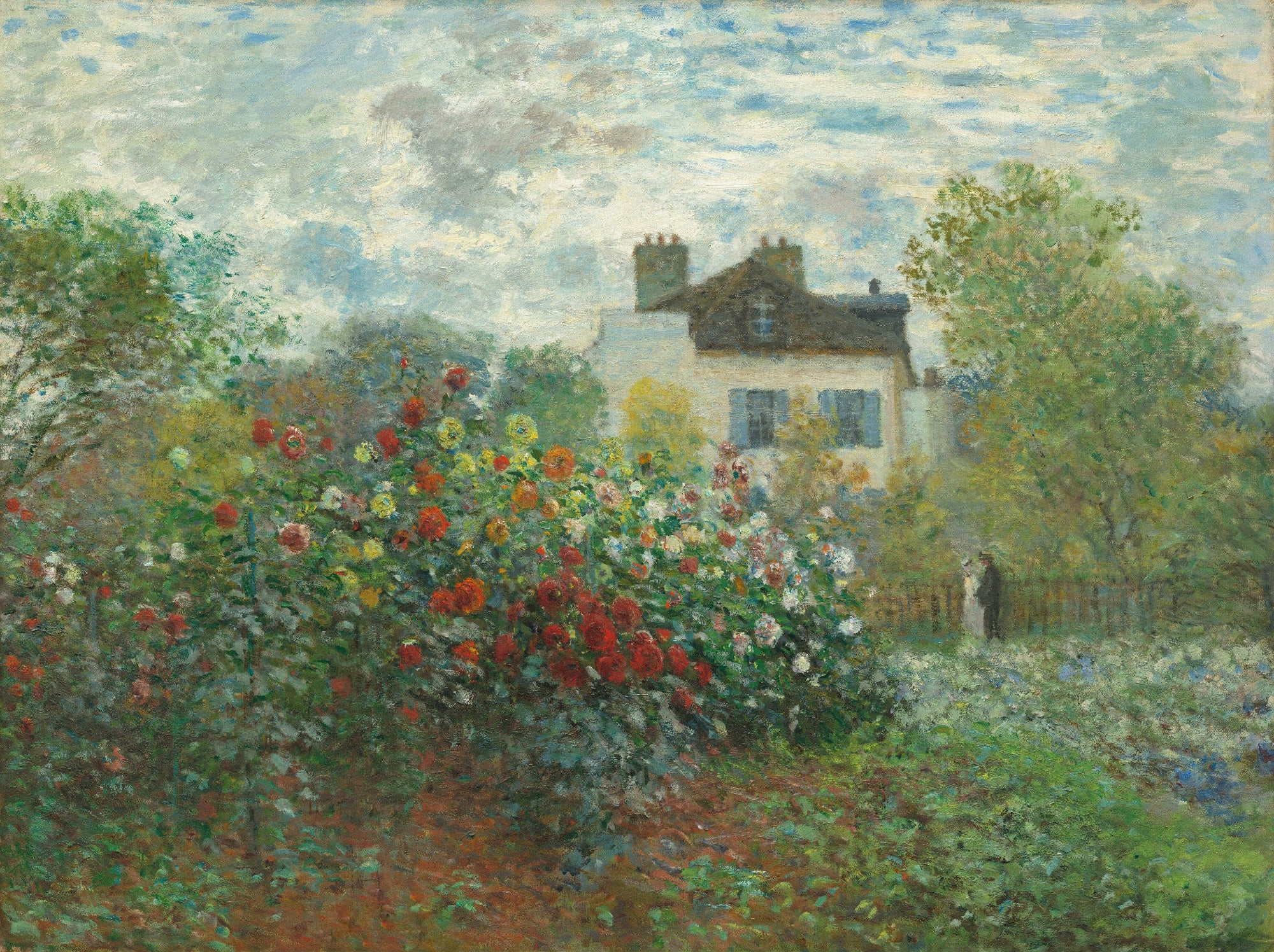 Painting of a garden with flowers and a house in the background