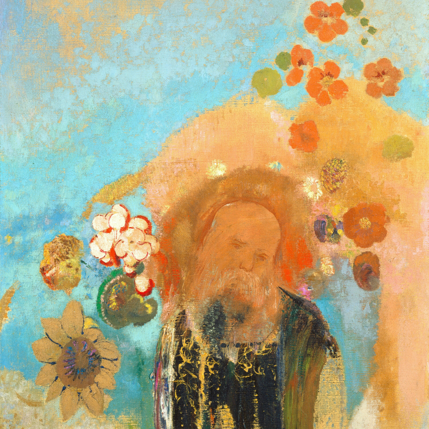 Artistic depiction of a figure with flowers and abstract elements