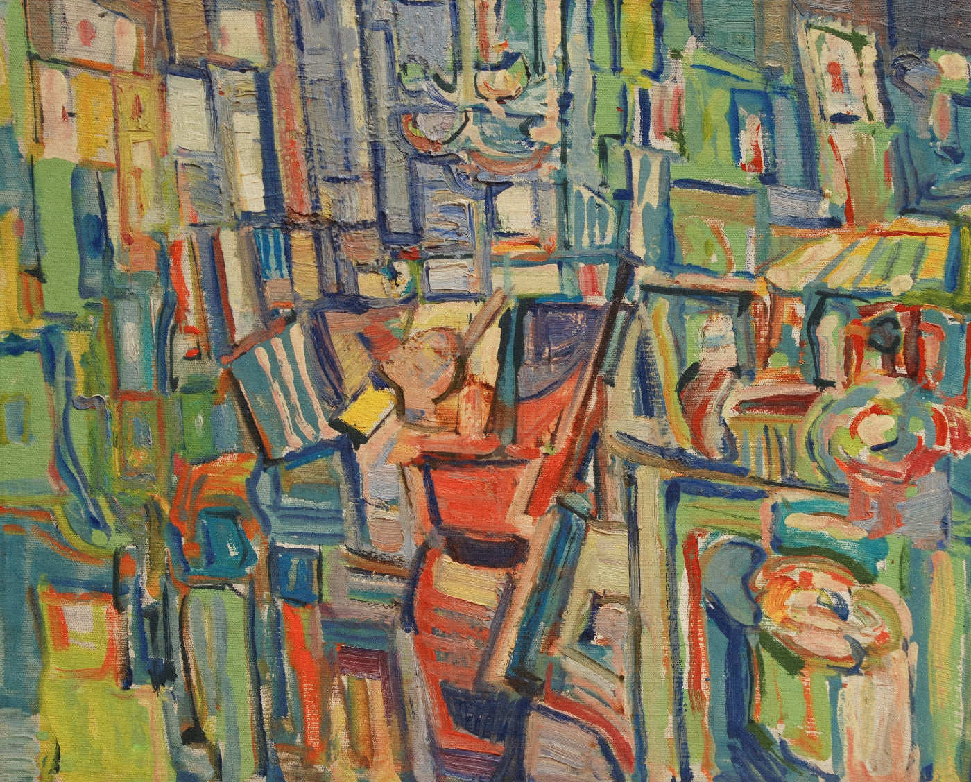 Colorful abstract painting with various shapes and colors