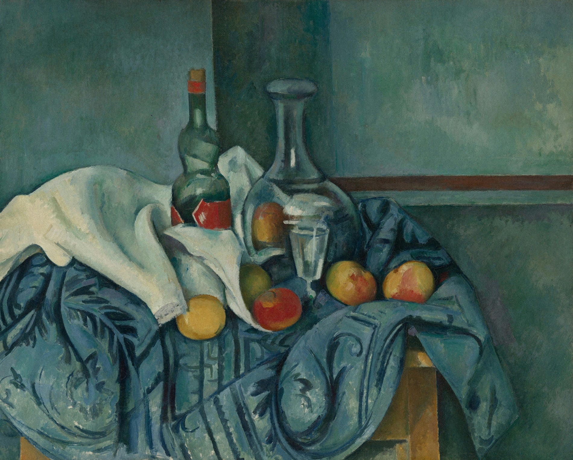 Still life painting with bottles, apples, and a glass on a draped table.