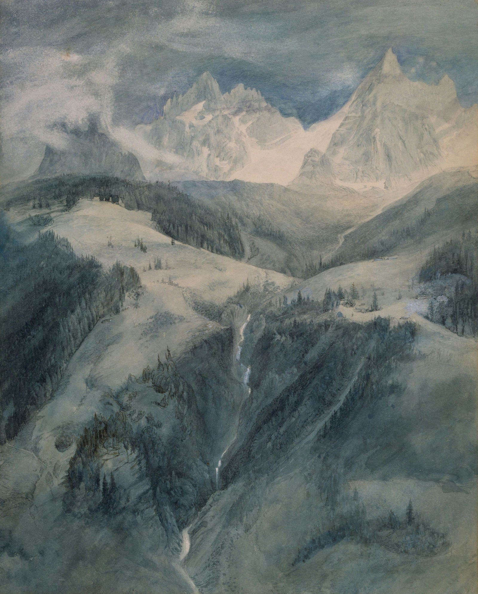 Painting of a mountain landscape with valleys and peaks.
