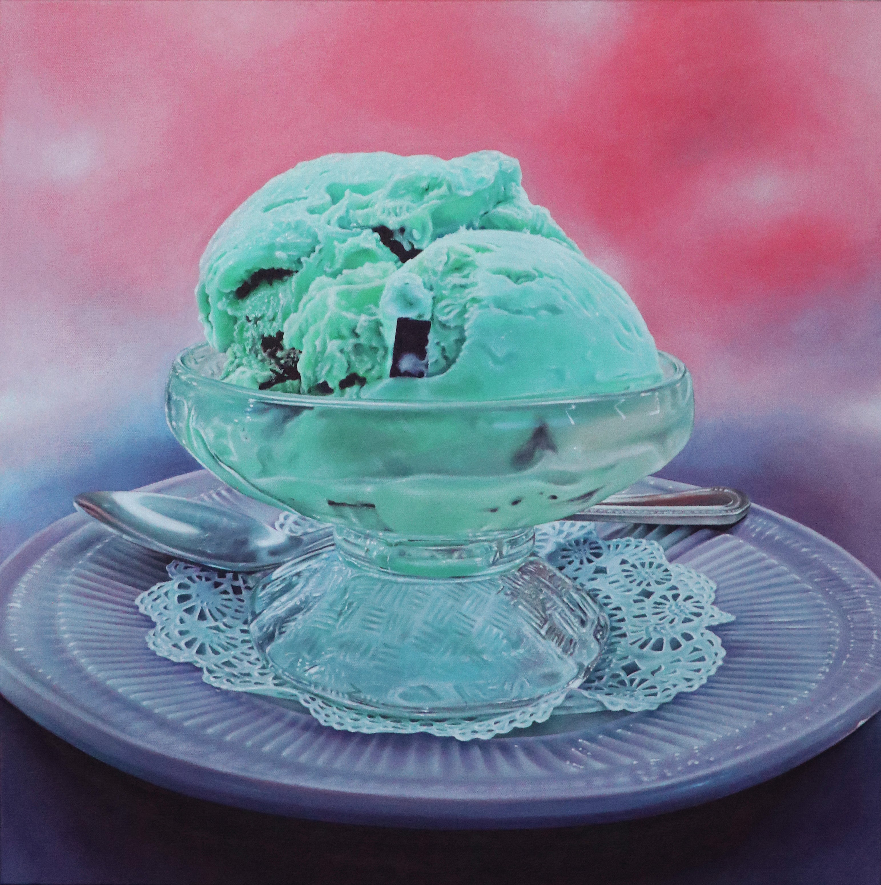 ‘Mint Chip’ by Nick Erickson, a realistic acrylic dessert painting featuring creamy mint ice cream with chocolate chips, painted in mouthwatering detail.