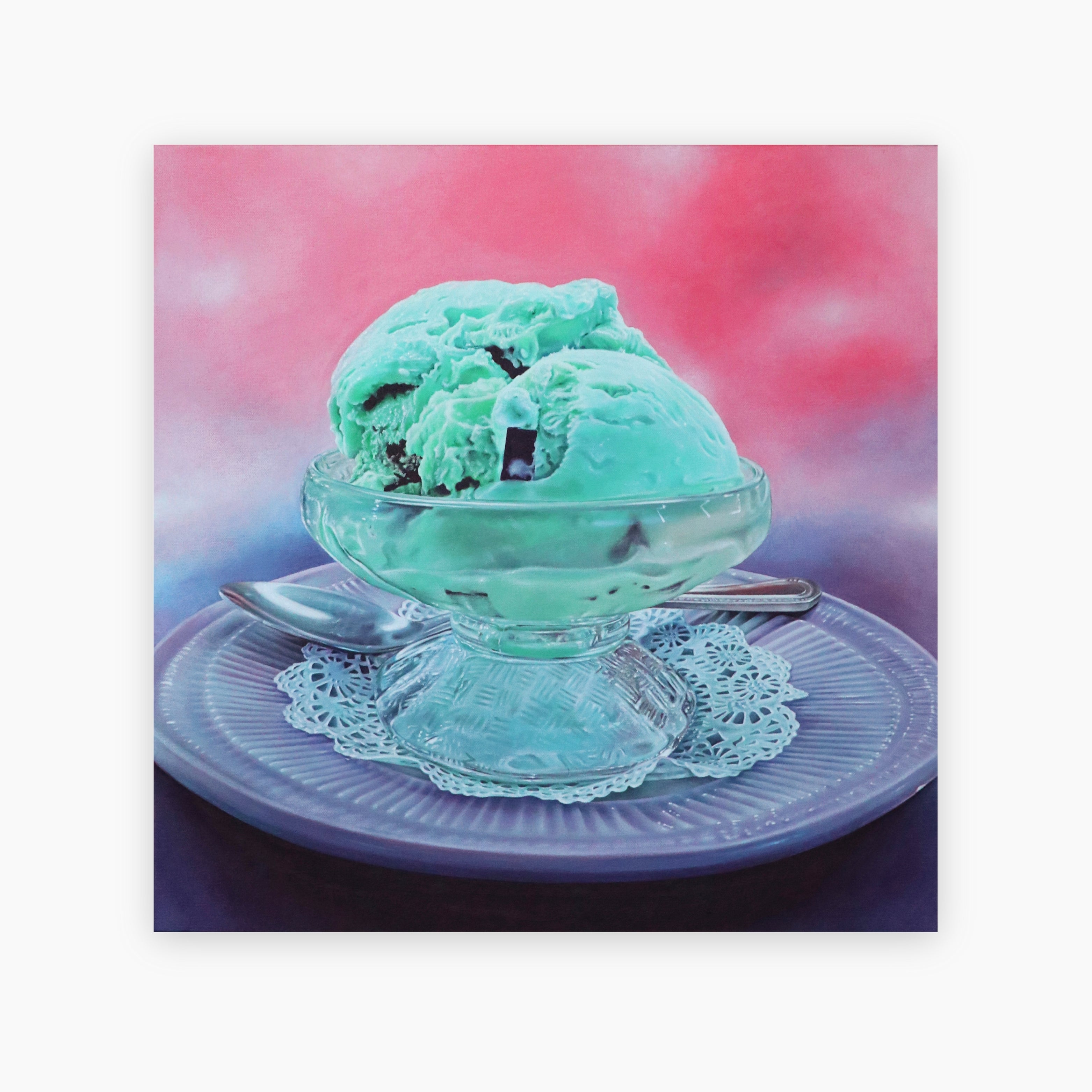 ‘Mint Chip’ by Nick Erickson is a hyperrealistic dessert painting in acrylic. A visually rich still life that captures the creamy texture and cool sweetness of mint chip ice cream.