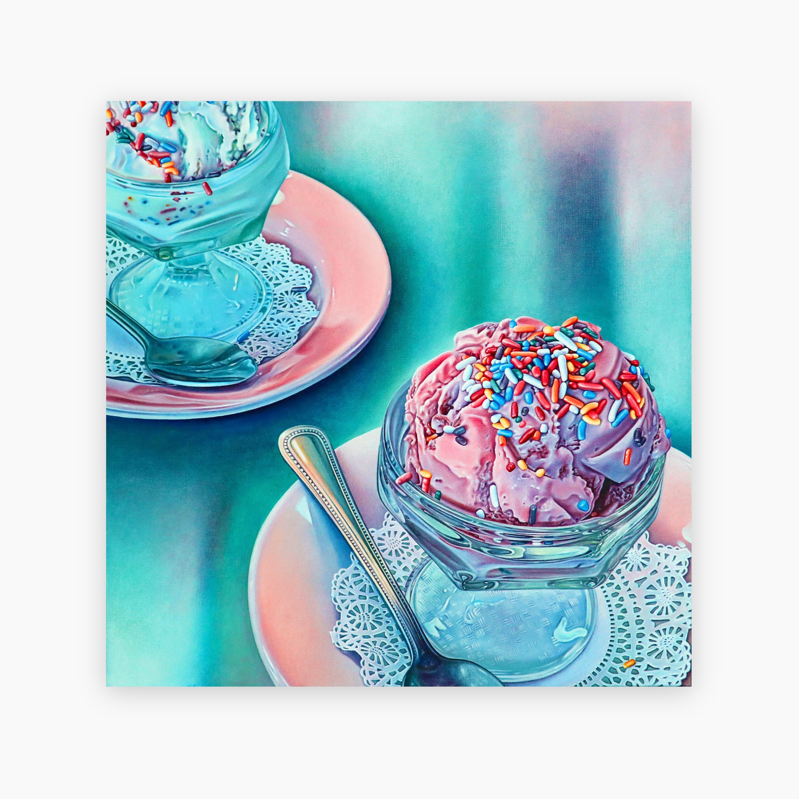 ‘Pink and White’ by Nick Erickson is a hyperrealistic dessert painting in acrylic, featuring sweet treats with vibrant detail. A striking piece of contemporary food art on canvas.