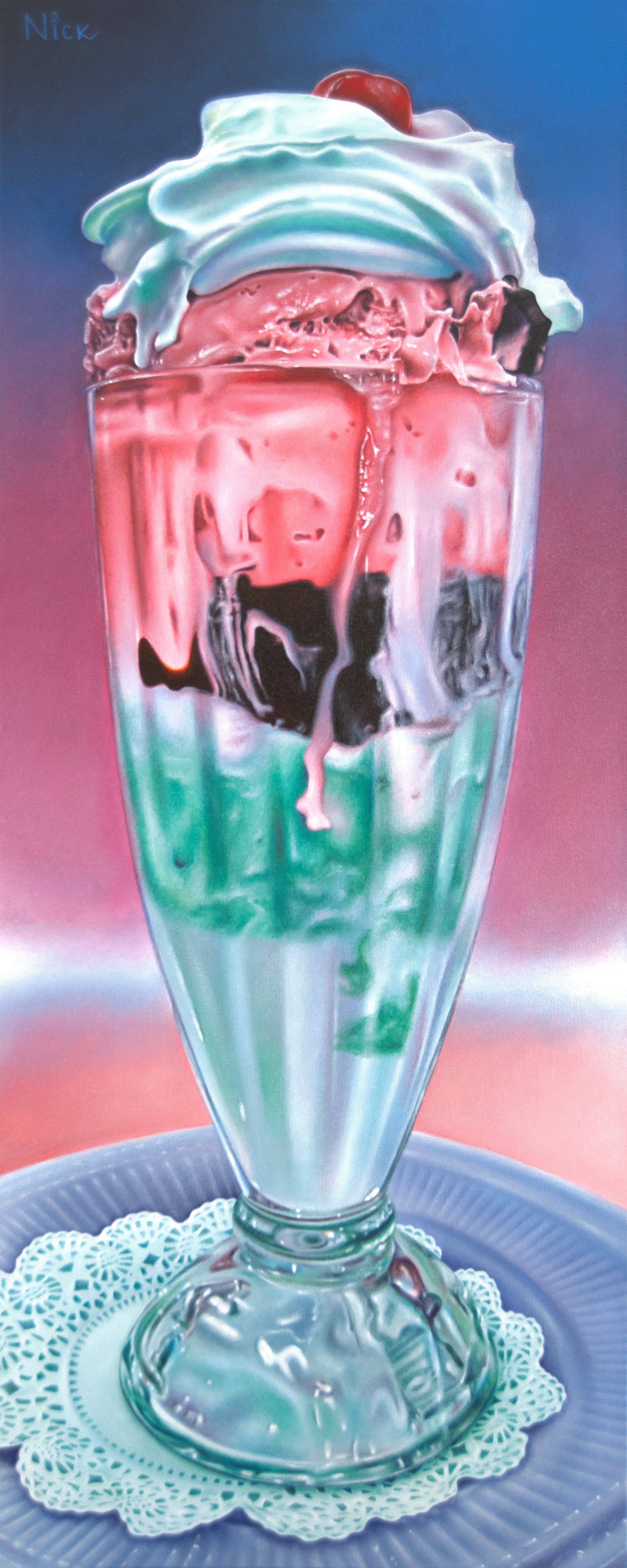 ‘Pretty Parfait II’ by Nick Erickson, a realistic acrylic dessert painting featuring a colorful layered parfait, painted with striking detail and mouthwatering realism.