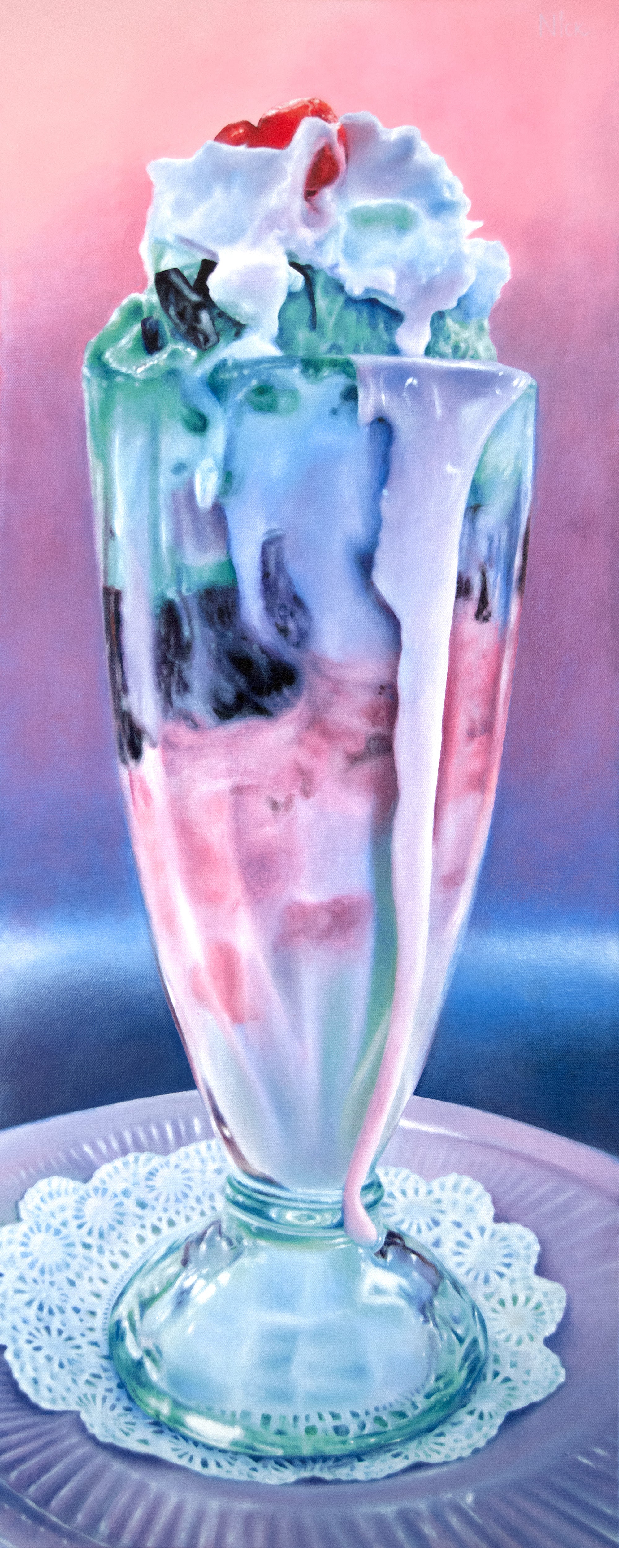 ‘Pretty Parfait I’ by Nick Erickson; an acrylic dessert painting showcasing a layered parfait with vivid color and lifelike detail, part of the artist’s celebrated food series.
