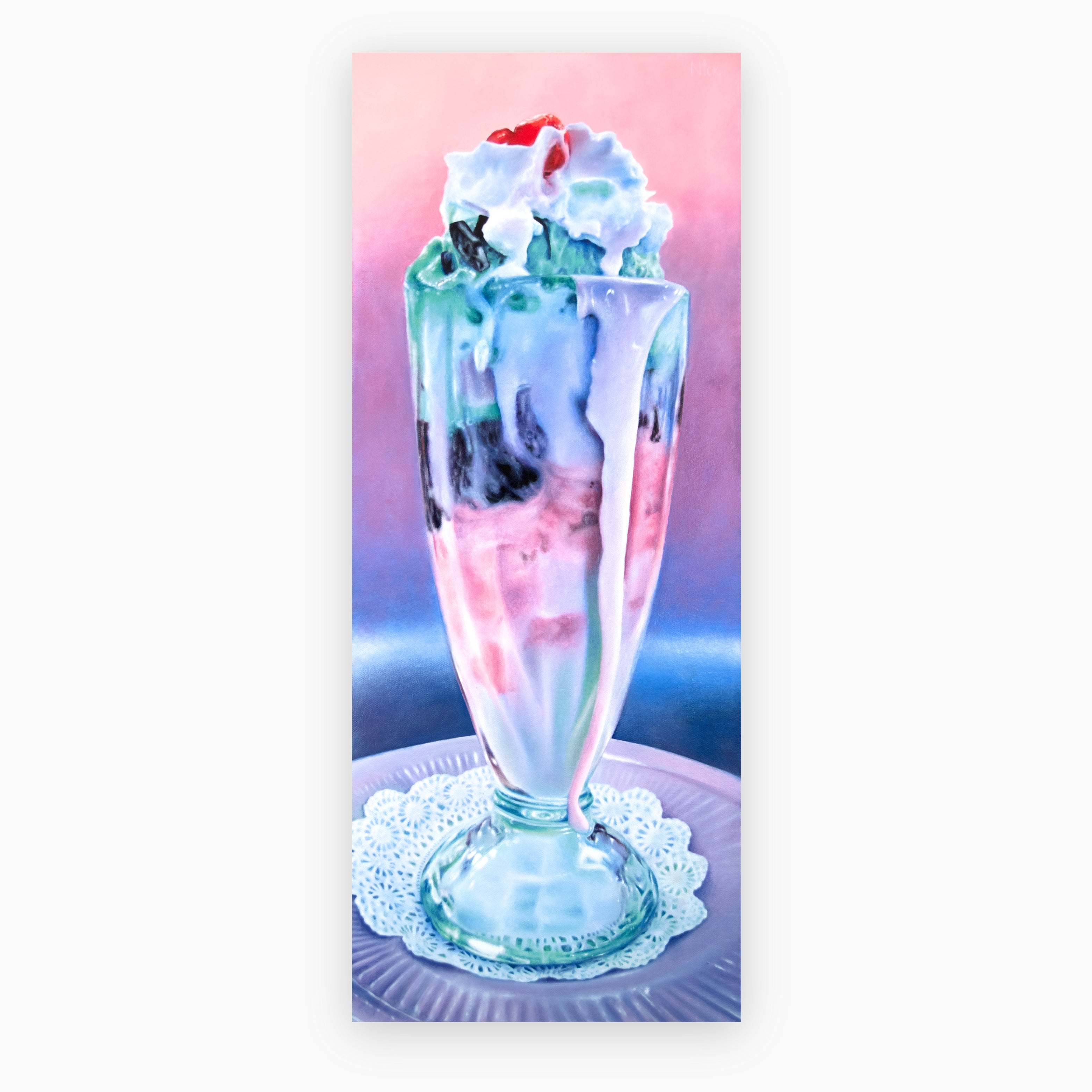 ‘Pretty Parfait I’ by Nick Erickson is a realistic acrylic dessert painting that captures the delicious beauty of a sweet layered parfait. A refined piece of contemporary food art for collectors of hyperrealism.