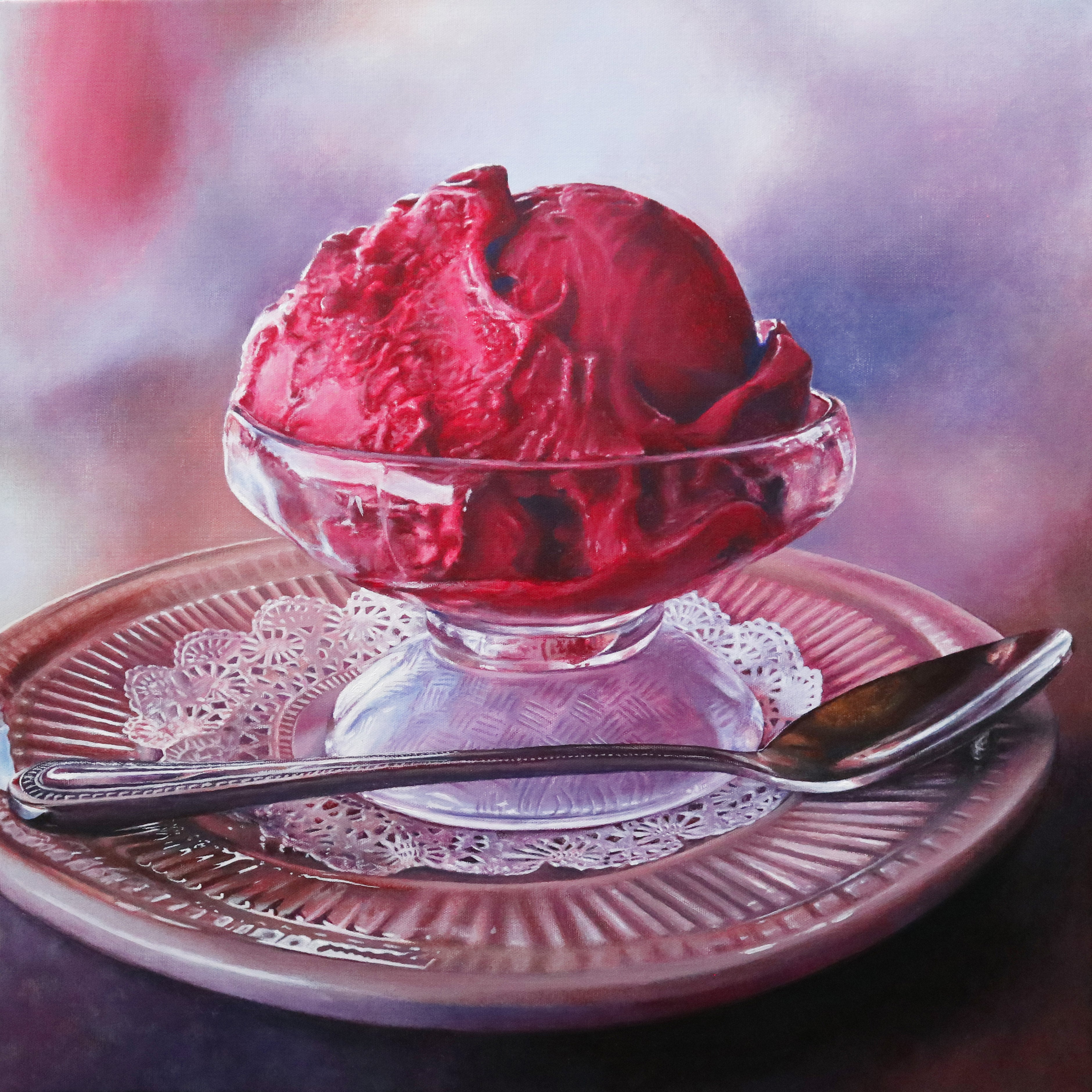 ‘Raspberry Sorbet’ by Nick Erickson; a hyperrealistic dessert painting in acrylic, showcasing a vibrant scoop of sorbet with rich color and creamy texture.