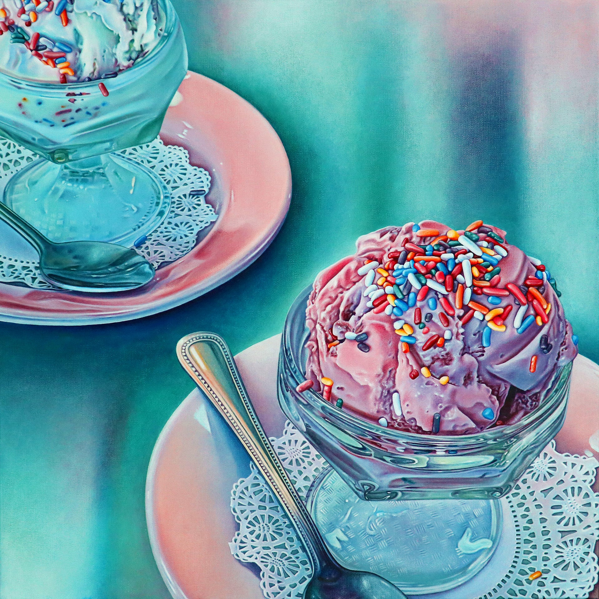 Original icecream dessert painting by Nick Erickson, a hyperrealistic acrylic still life showcasing mouthwatering detail and nostalgic sweetness.