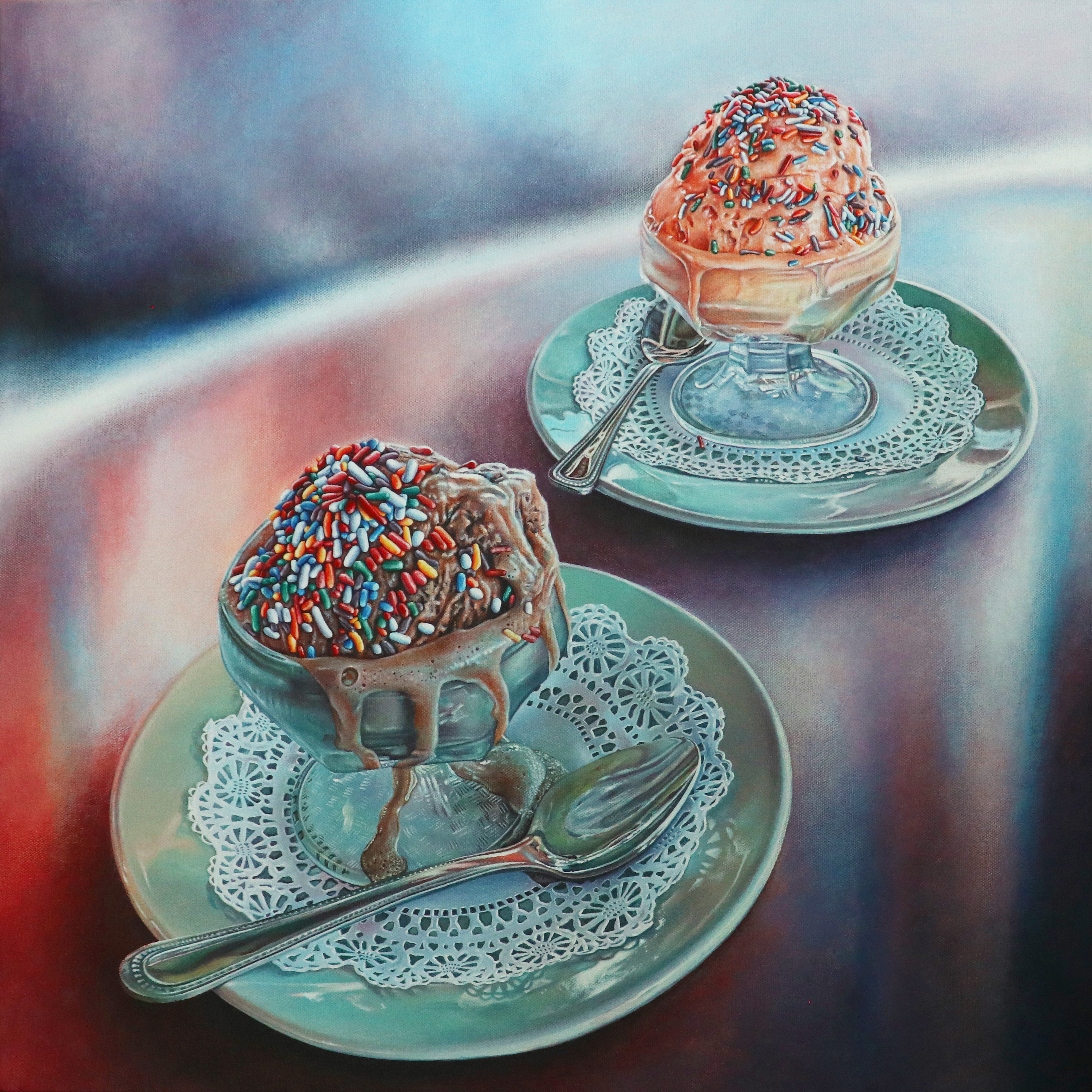 ‘Rocky Road and Orange’ by Nick Erickson. A hyperrealistic dessert painting in acrylic featuring rich chocolate ice cream, sprinkles, and citrus detail. A playful and mouthwatering still life.