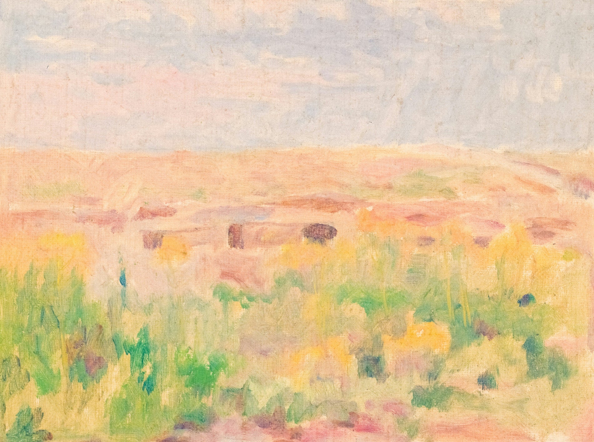 Painting of a landscape with fields and a sky in soft pastel colors