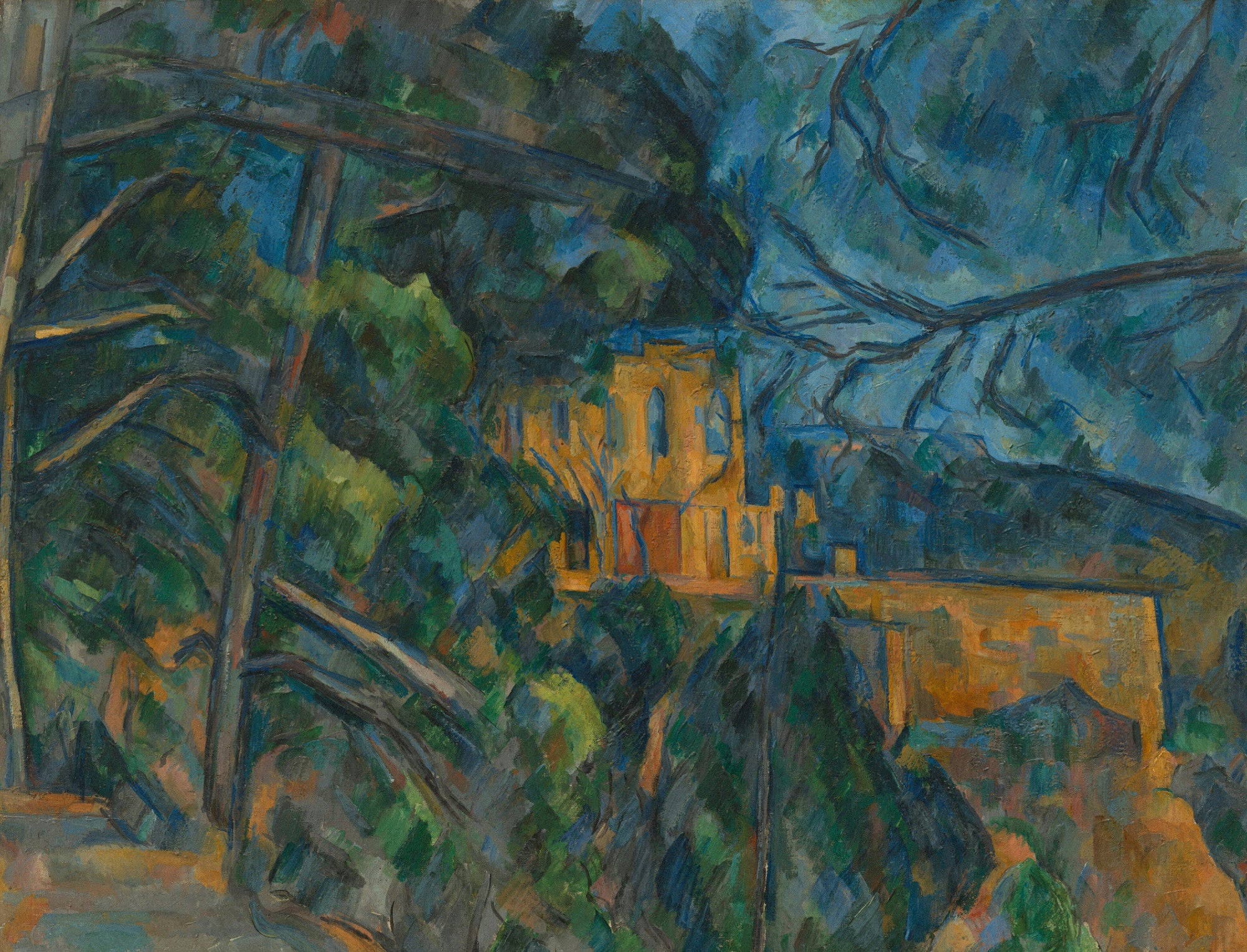 Painting of a building amidst trees with a focus on green and blue tones.