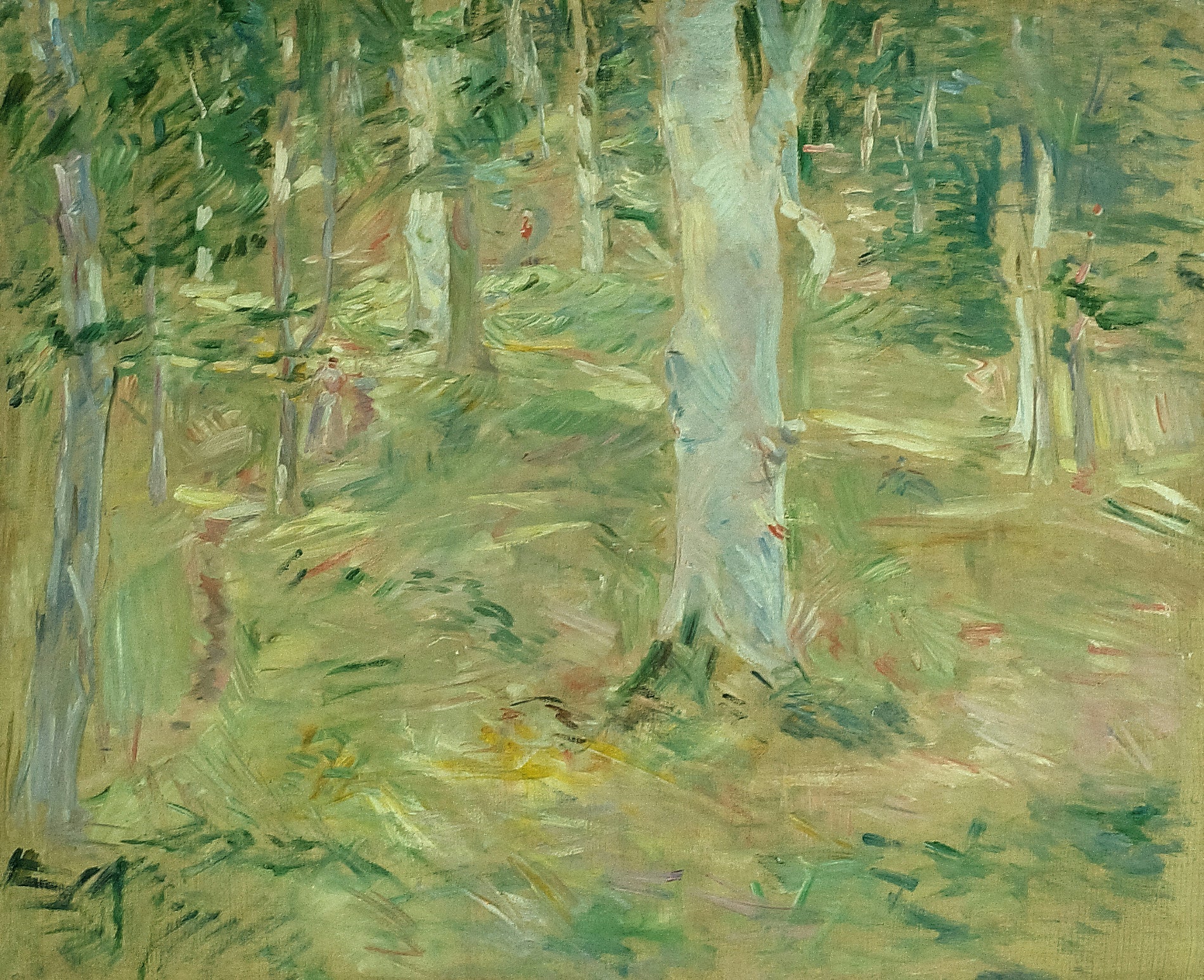 Painting of a forest scene with trees and greenery