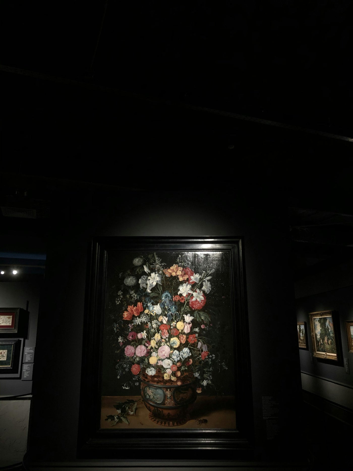 Framed still life painting of flowers in a dark room