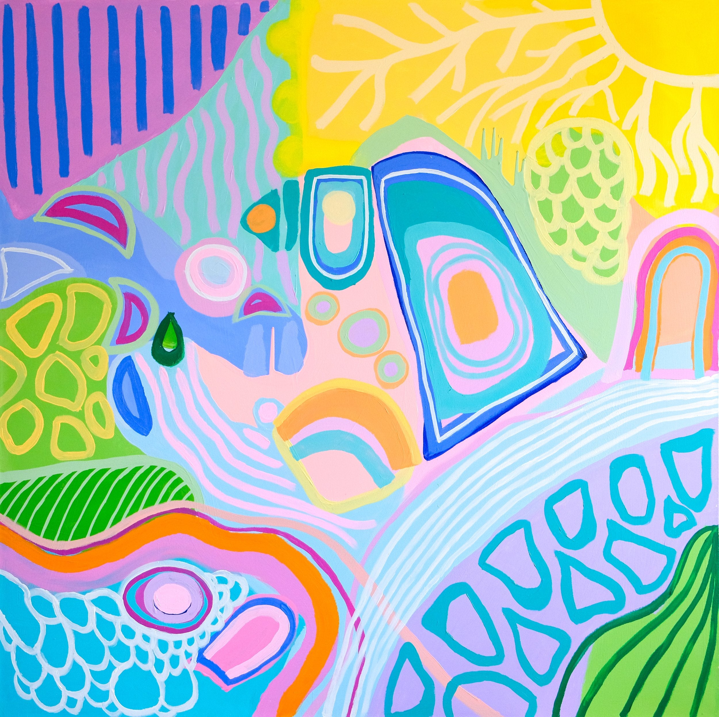 "Portals" by Carina Dawn, an abstract acrylic painting with dynamic forms and layered color inviting deeper reflection.
