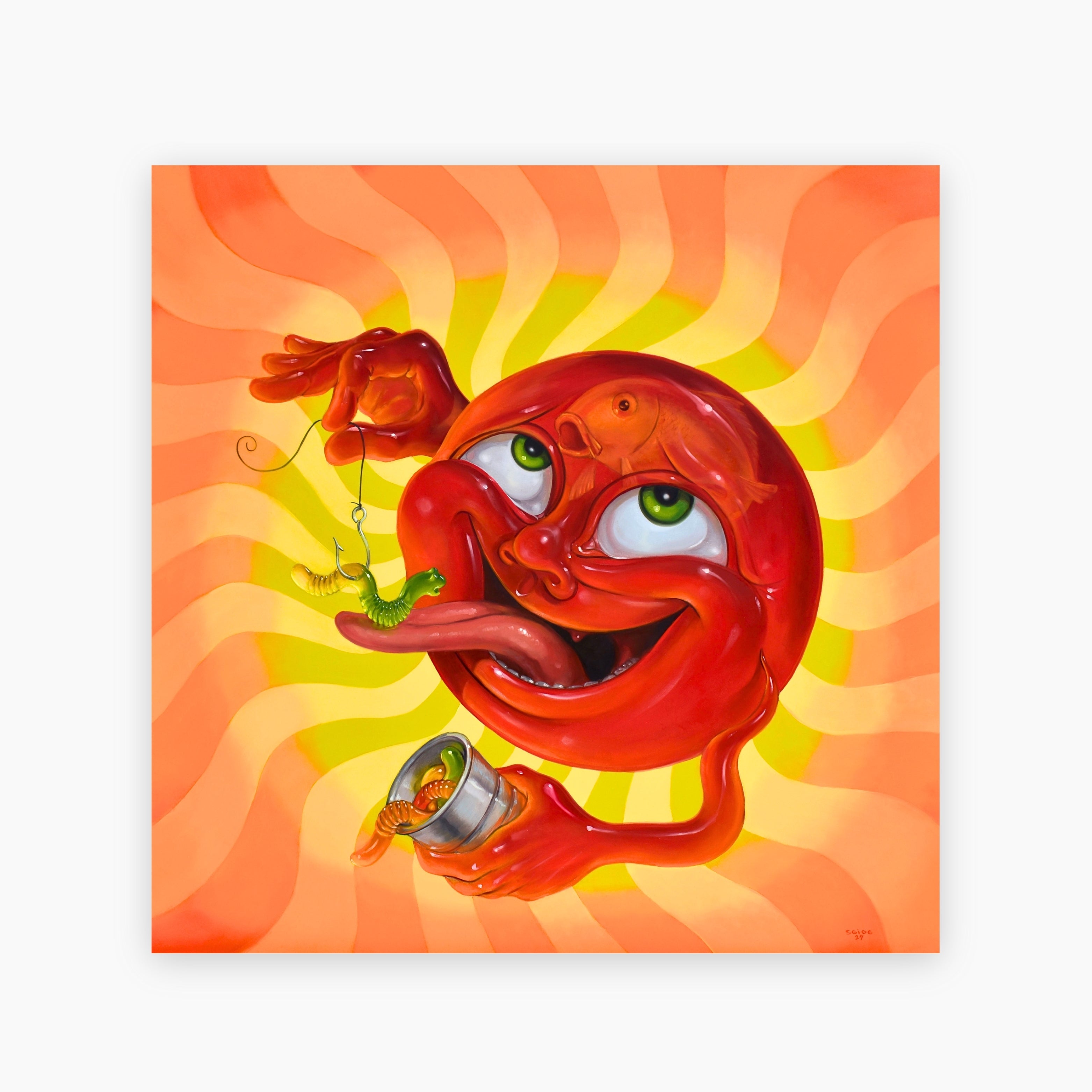 Detail view of ‘Feed Your Head,’ a 36x36 inch surreal oil painting by Canadian artist Stephen Gibb, showcasing intricate textures and bold colors, created in 2024 and featured at Moné Gallery.