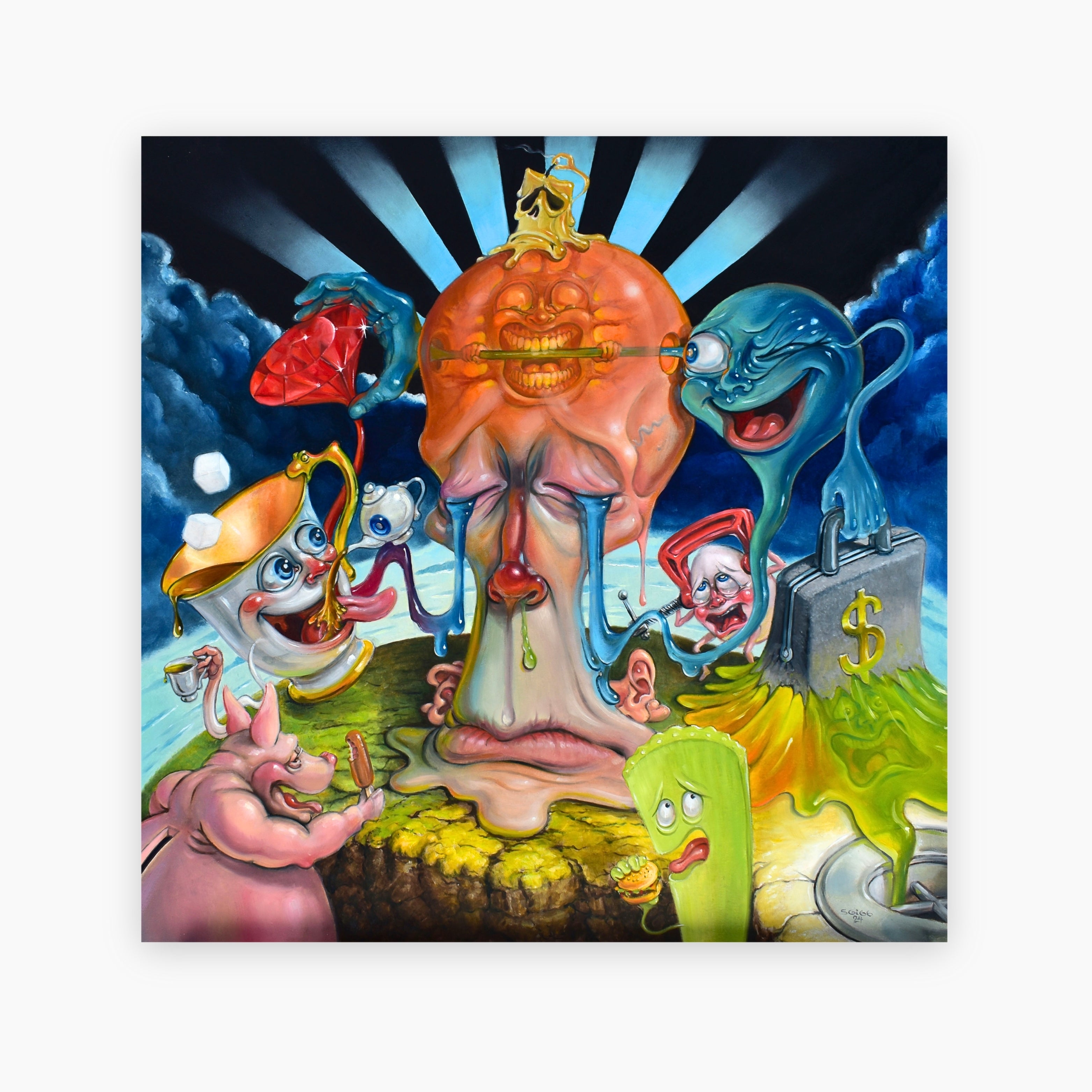 The Apopheniac’ is a 24x24 inch original surreal oil painting on hardboard by Canadian artist Stephen Gibb, created in 2024 and available for sale through Moné Gallery.