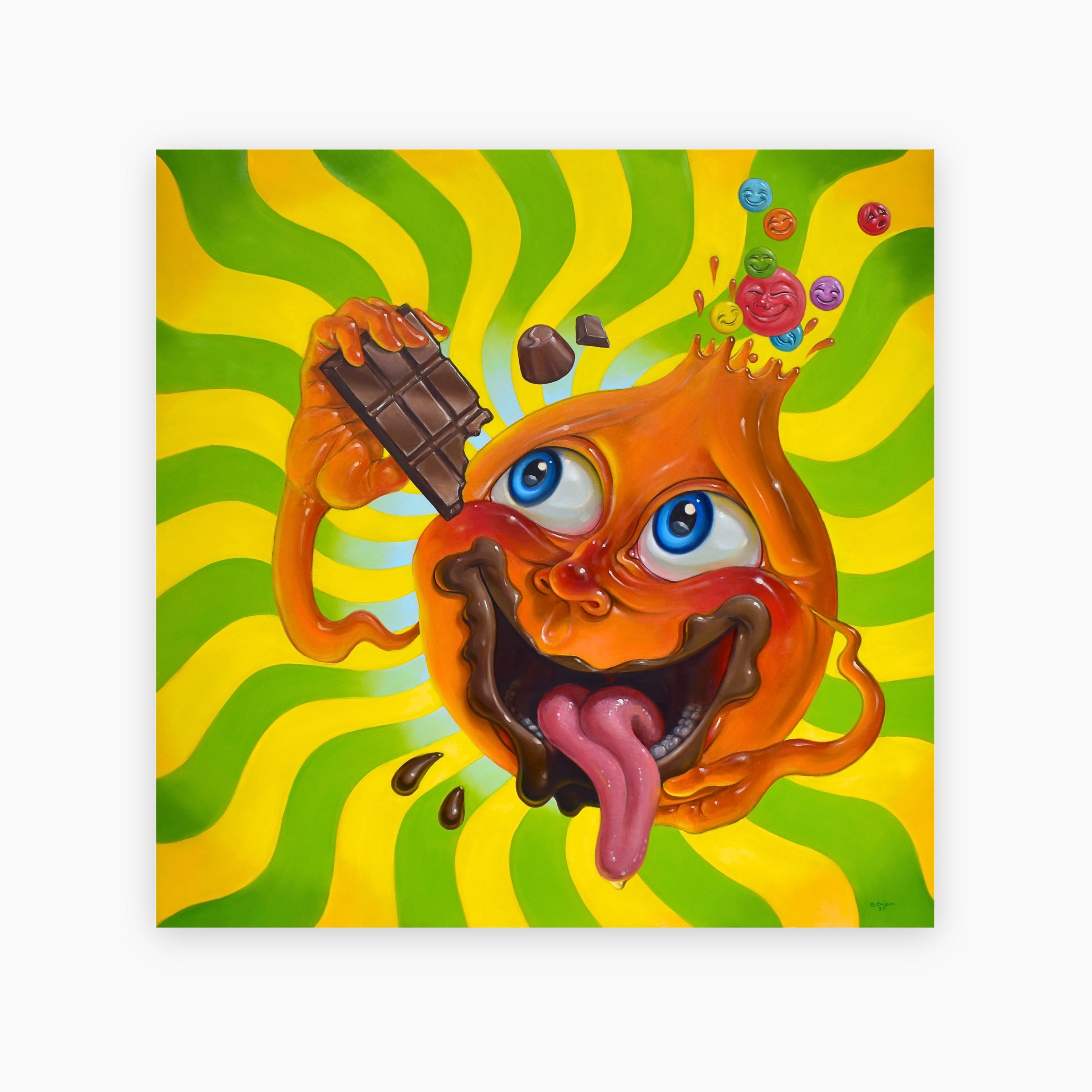 Chocolate Thing’ is a contemporary original oil painting by Stephen Gibb, blending surreal imagery, ideal for collectors seeking unique contemporary fine art.