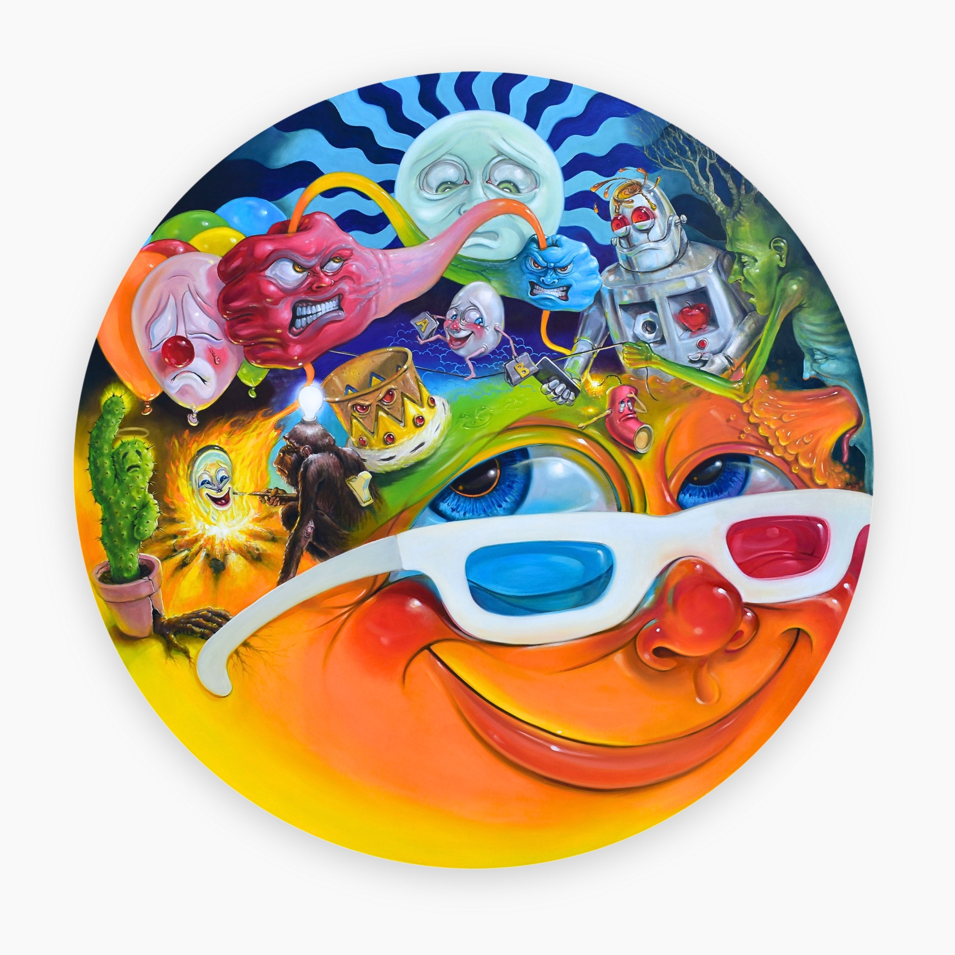 Stephen Gibb’s ‘Dichotomy Lobotomy’ is a contemporary surreal oil painting showcasing vivid colors and complex visual storytelling, ideal for collectors of original fine art.
