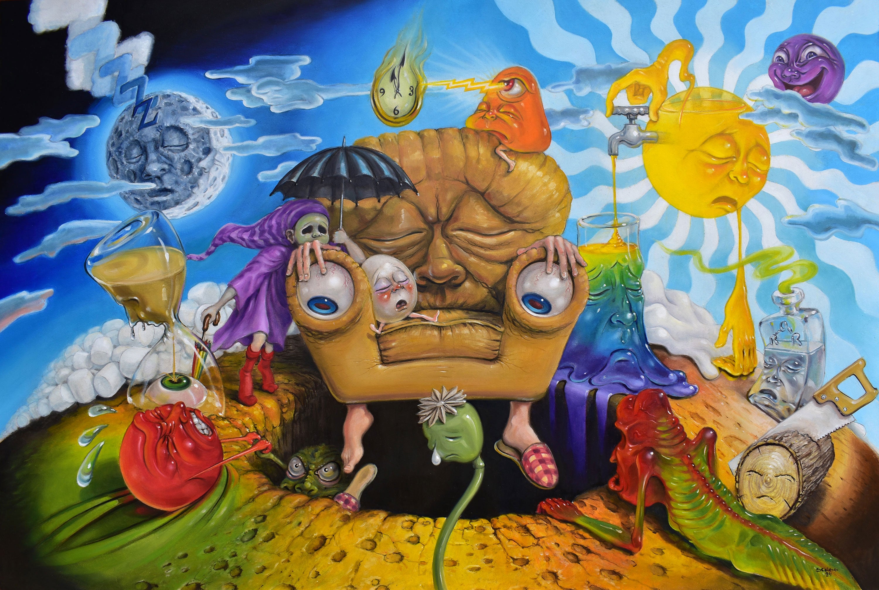 Original surreal oil painting titled ‘Dreaming Into The Abyss’ by Canadian contemporary artist Stephen Gibb, featuring vivid imagery exploring subconscious themes.