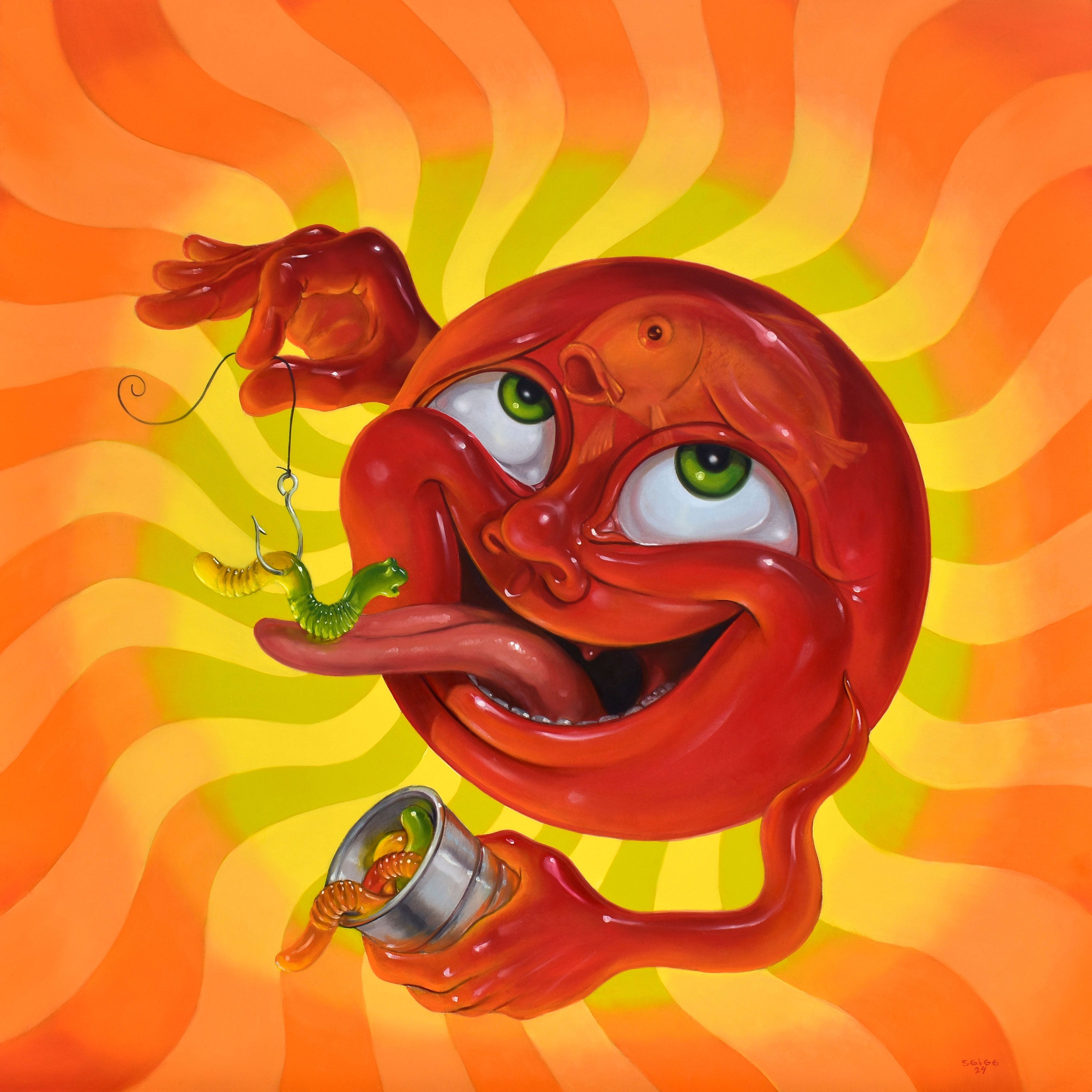 ‘Feed Your Head’ is a 36x36 inch original surreal oil painting on hardboard by Canadian artist Stephen Gibb, created in 2024 and available at Moné Gallery.