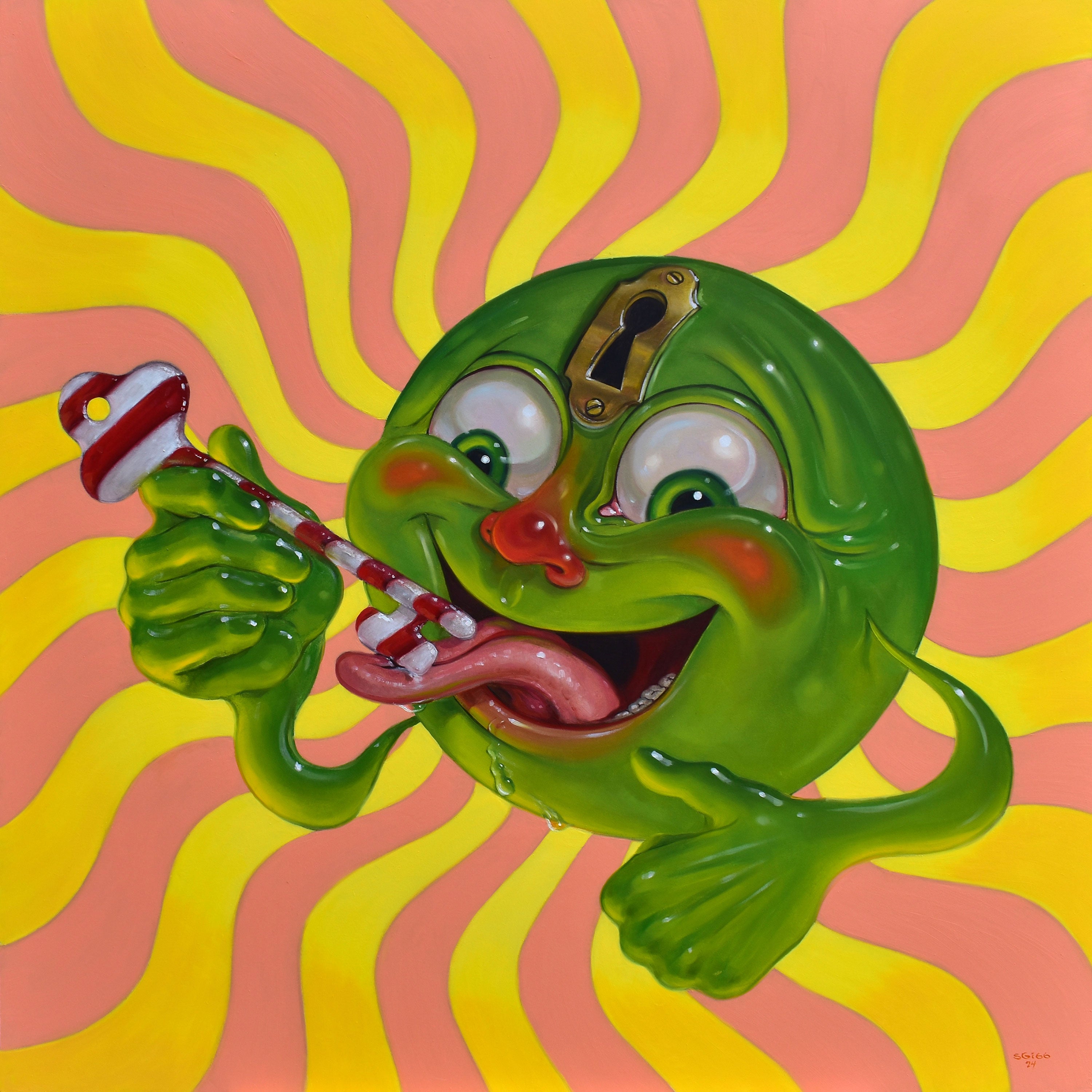 Stephen Gibb’s painting ‘Paradox of Choice’ is a large-format original surreal oil artwork measuring 36x36 inches, exploring complex decision-making through vivid narrative imagery.