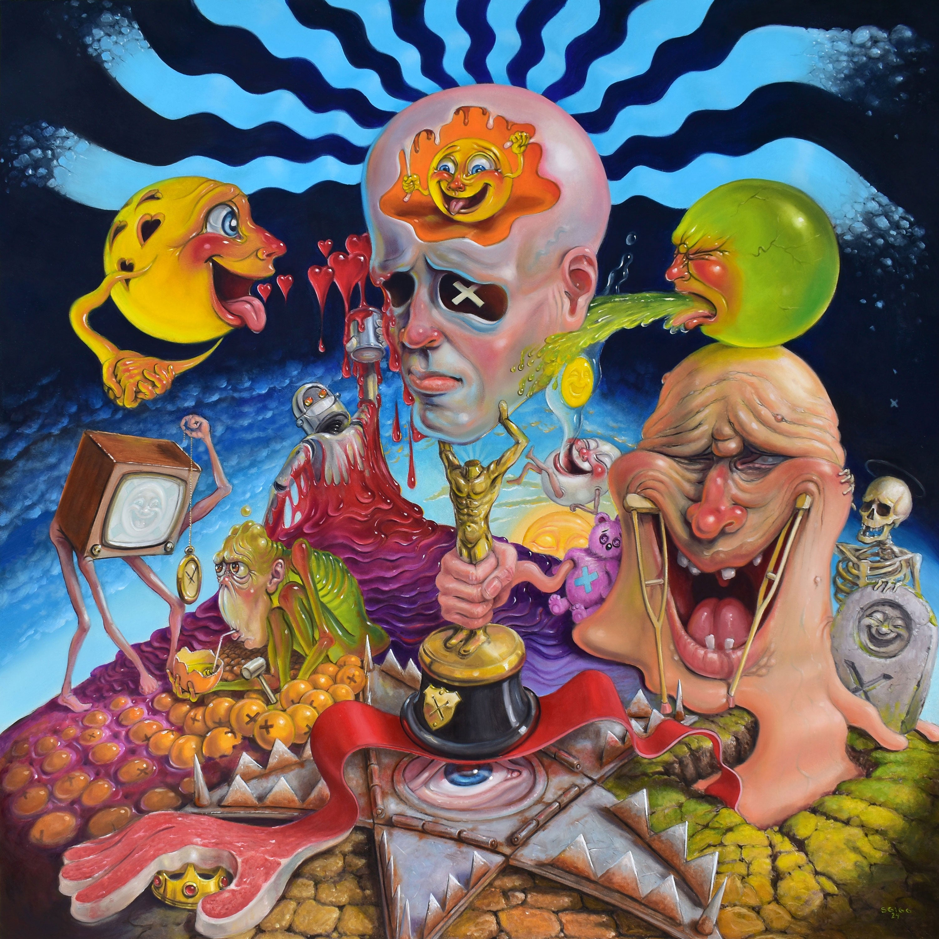 Rise and Fall of Product X’ is a 36x36 inch original surreal oil painting on hardboard by Canadian artist Stephen Gibb, available at Moné Gallery.