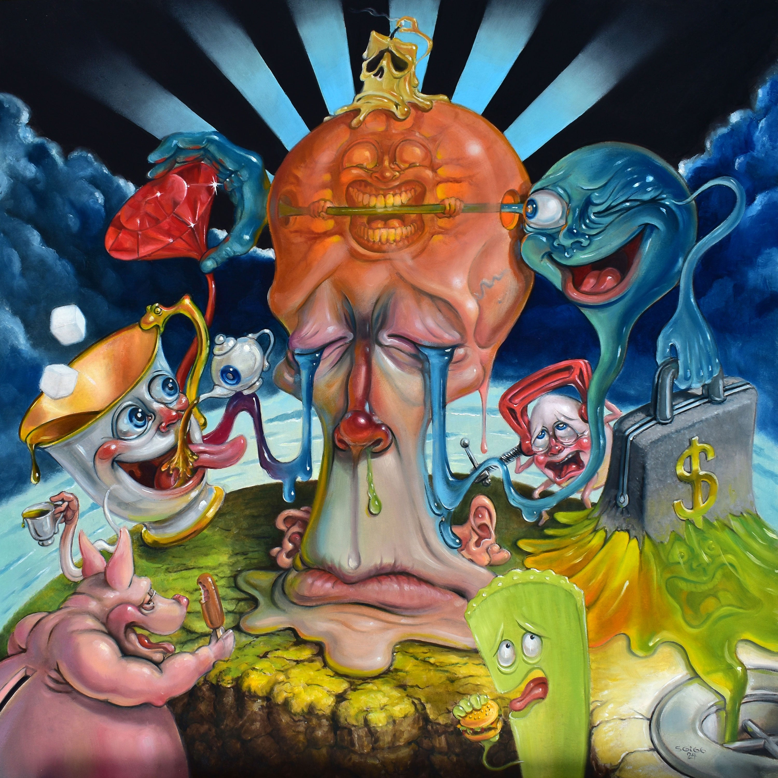 The Apopheniac’ is a 24x24 inch original surreal oil painting on hardboard by Canadian artist Stephen Gibb, created in 2024 and available for sale through Moné Gallery.