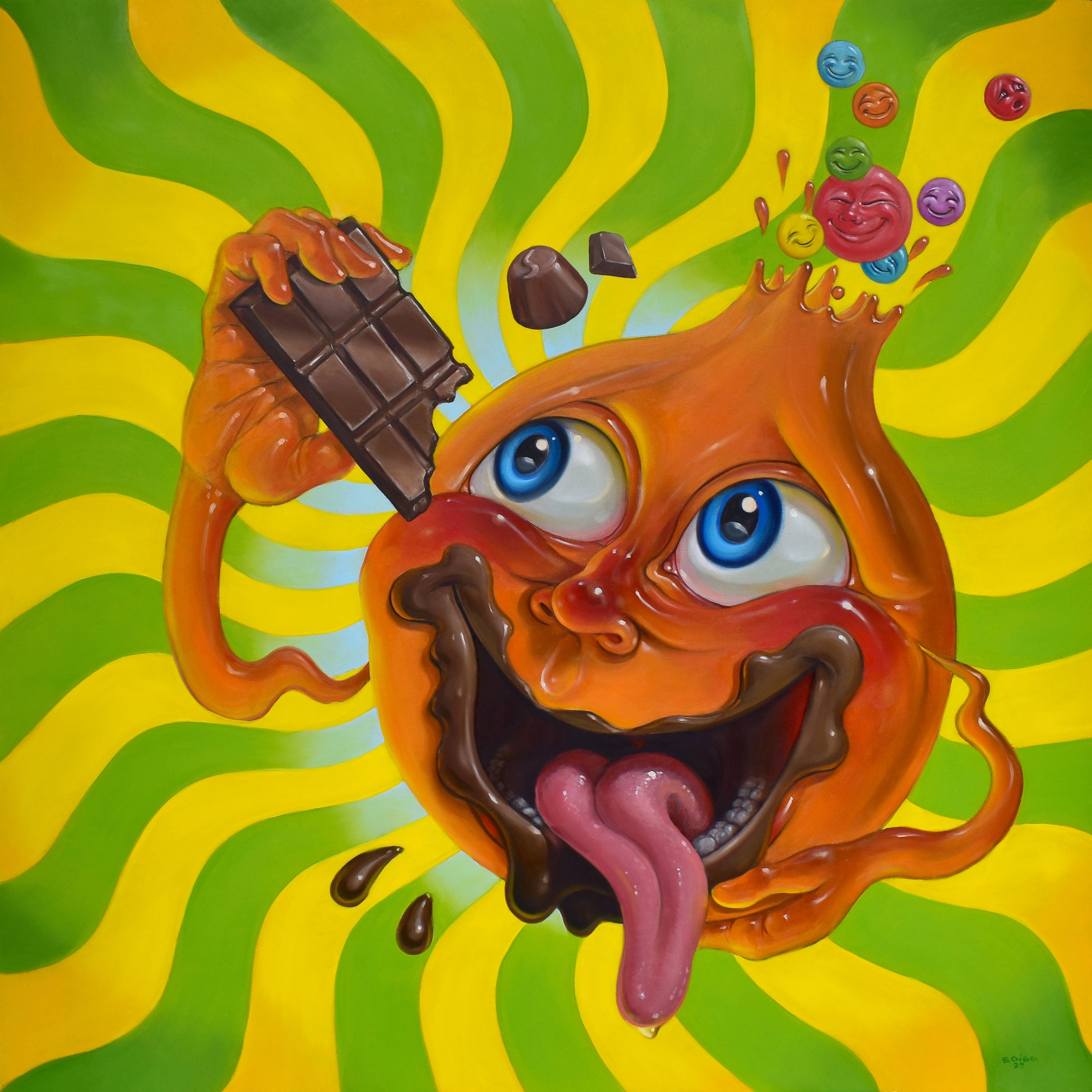 Original surreal oil painting on hardboard titled ‘Cocolate Thing’ by Canadian artist Stephen Gibb, highlighting vivid colors and thought-provoking composition.