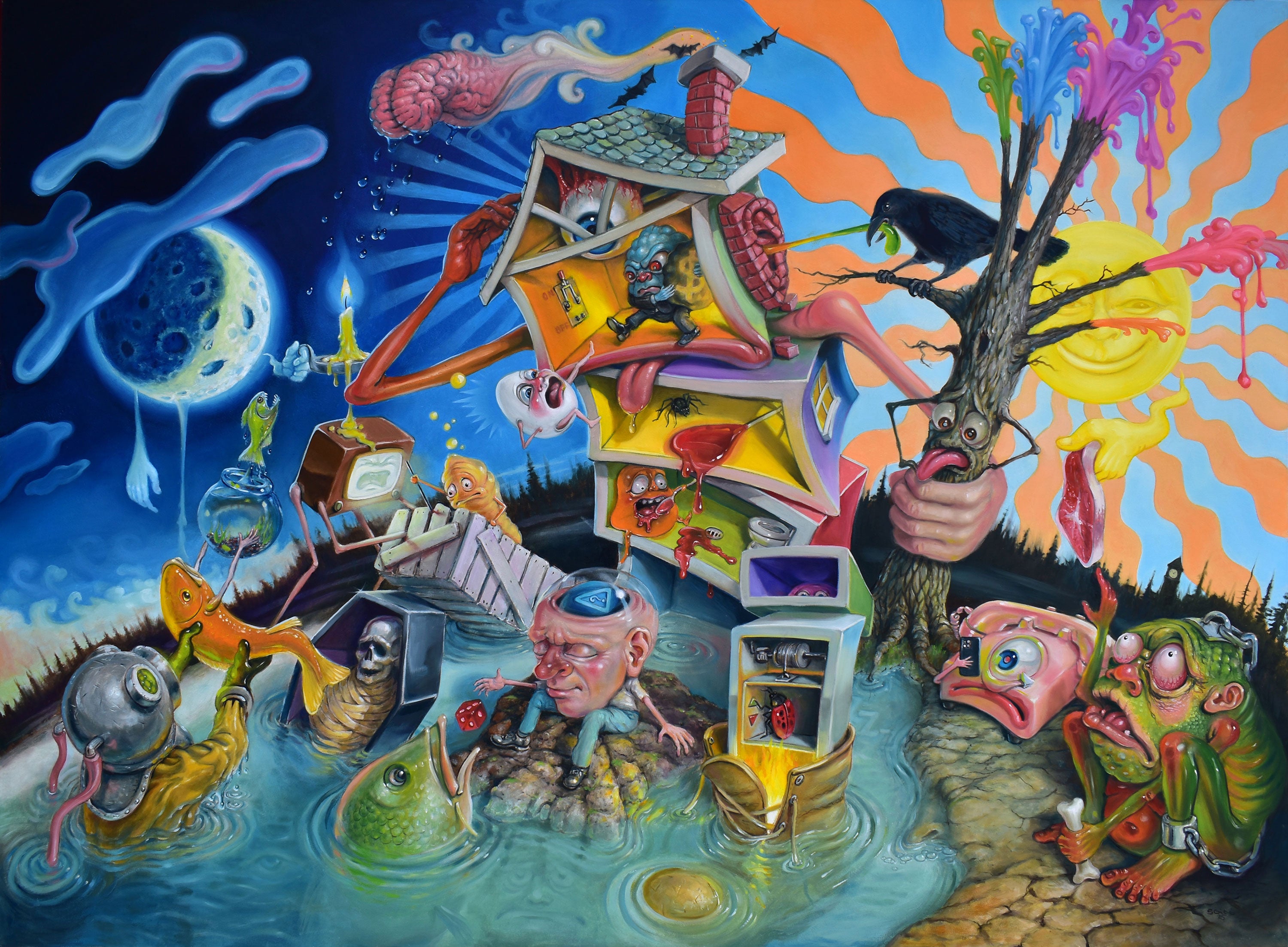 Surreal oil painting by Stephen Gibb titled ‘Who Feeds the Beast,’ depicting a fantastical creature in a chaotic, narrative-rich composition. Original artwork available through online art gallery.