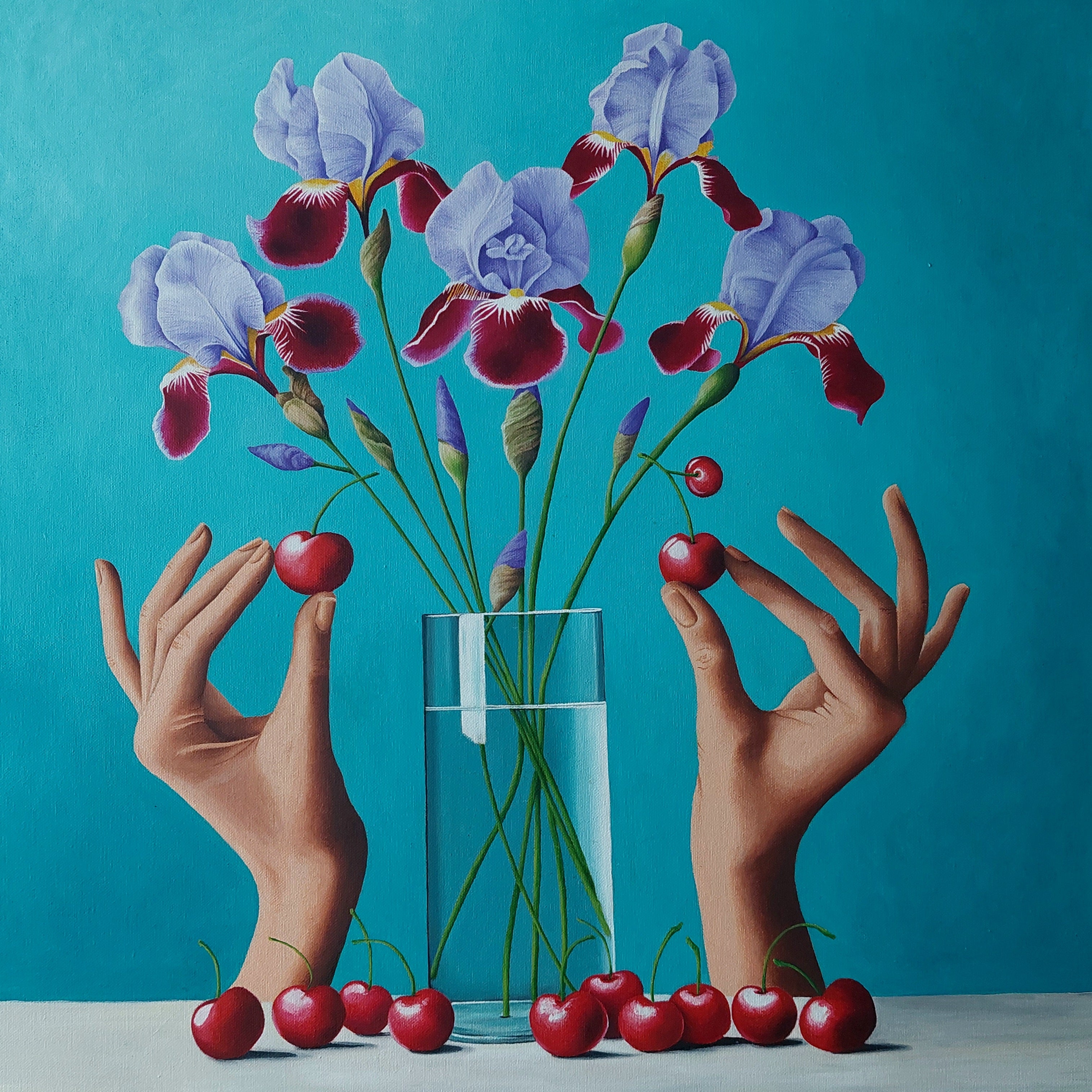 Contemporary Surreal Still Life Painting - Ragnhildur Johanns - Cherries and Flowers - Shop Online