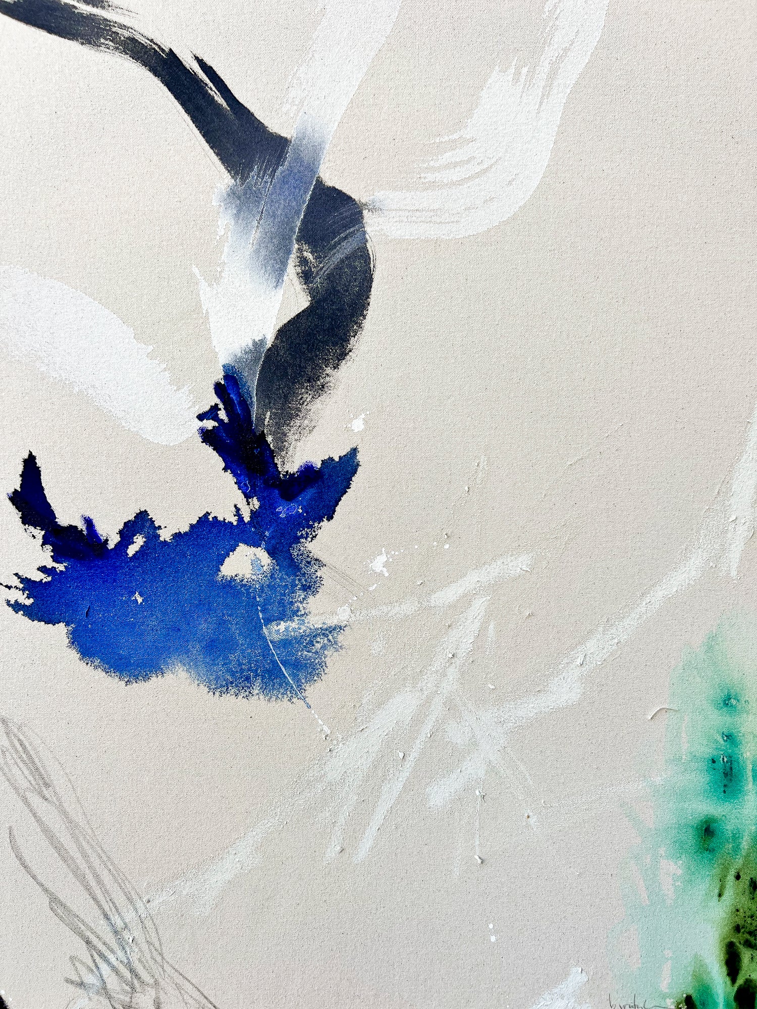 Close-up showing expressive brushwork in Interwoven canvas painting.