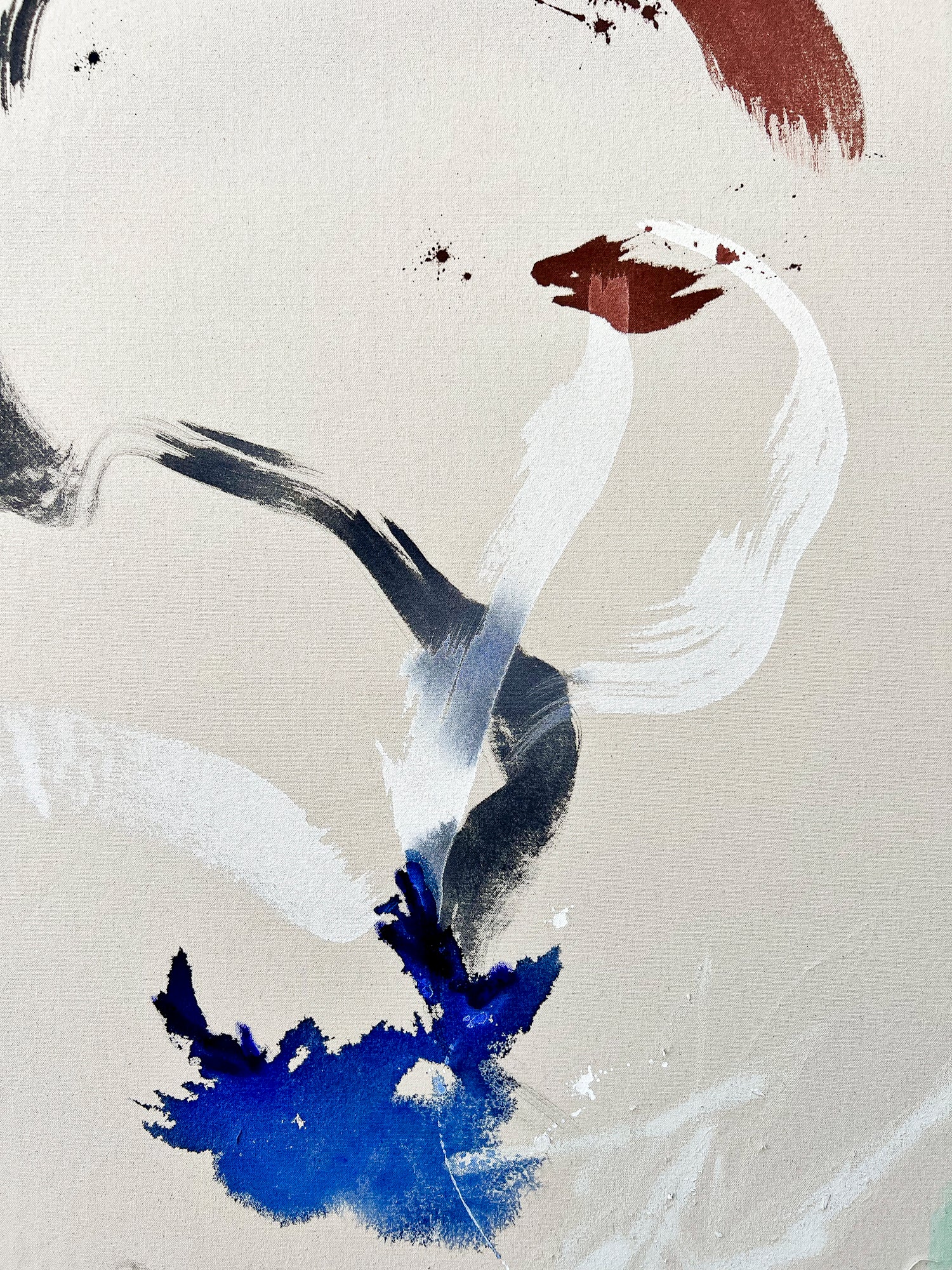 Detail of layered texture and gestural marks in Beth Winterburn’s Interwoven painting.