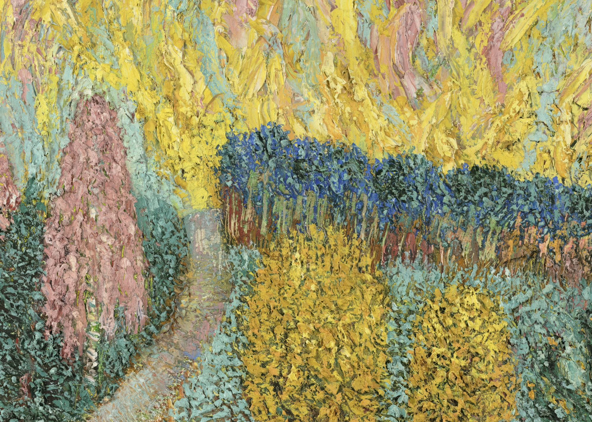 Painting of a garden with yellow flowers and green trees