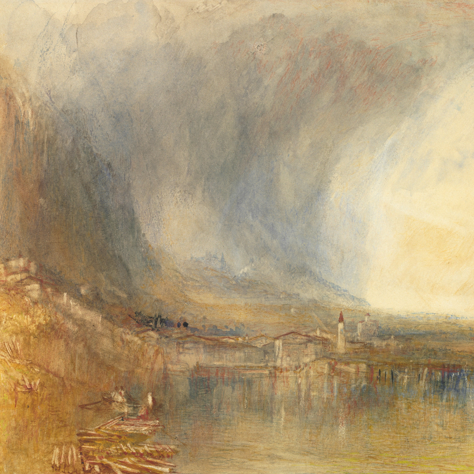 Painting of a river scene with a bridge and misty sky