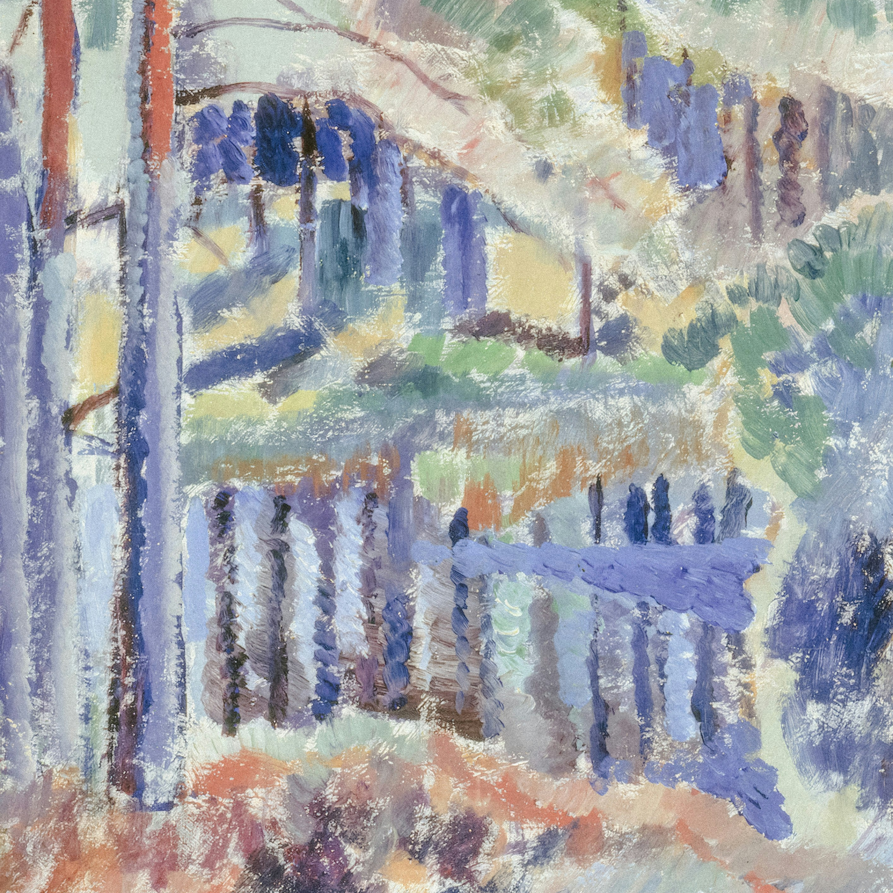 Colorful abstract painting of a forest scene with trees and foliage.