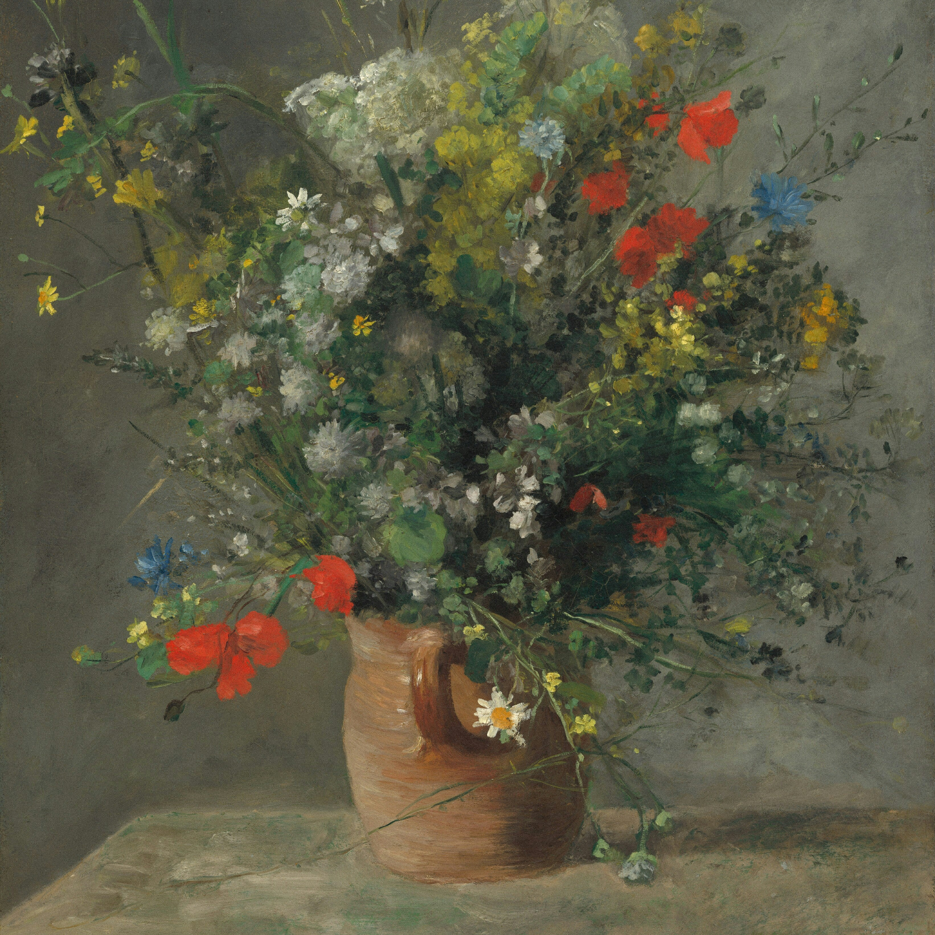 Still life painting of a vase with wildflowers on a wooden surface.