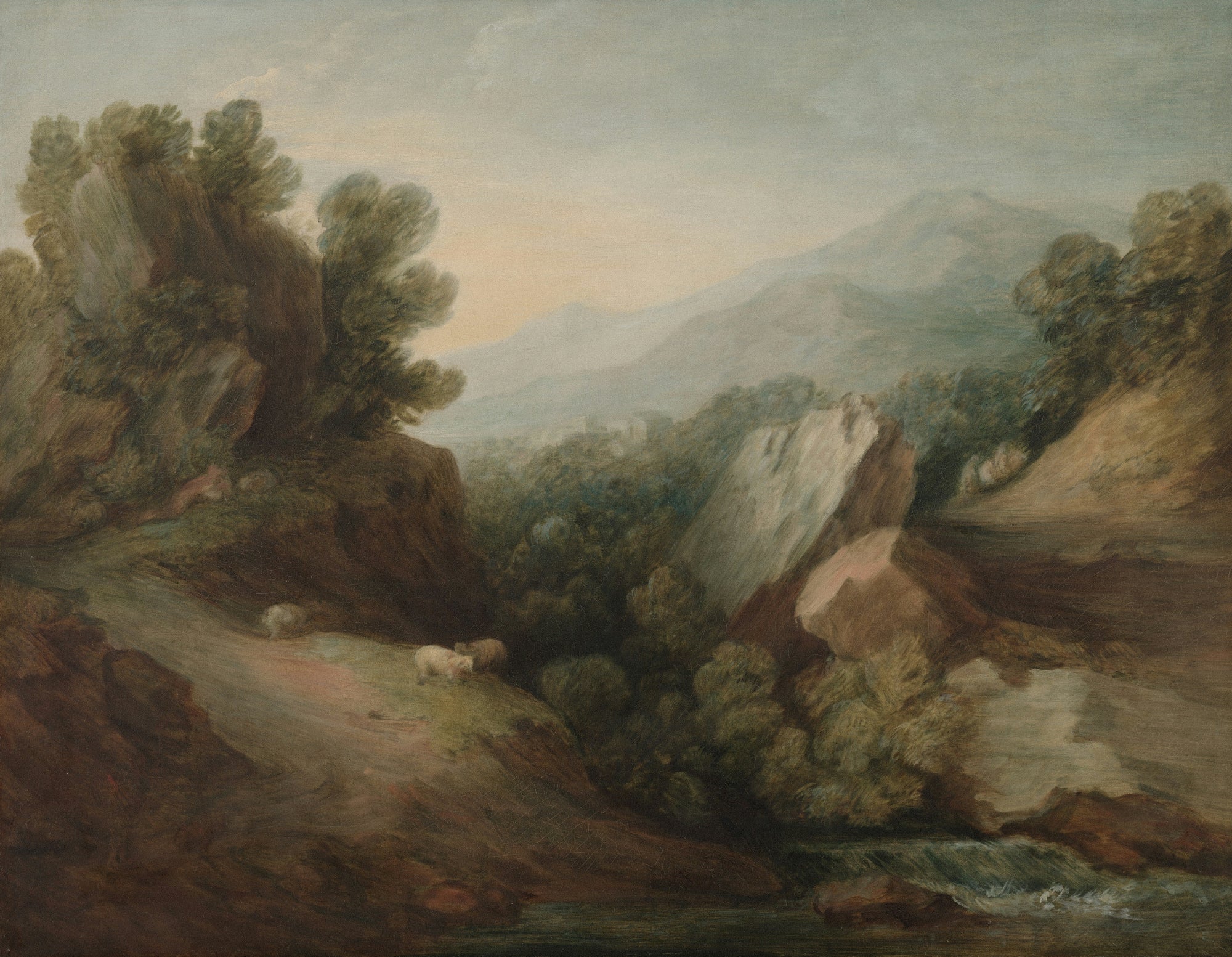 Landscape painting with rocky terrain, trees, and a mountain in the background.