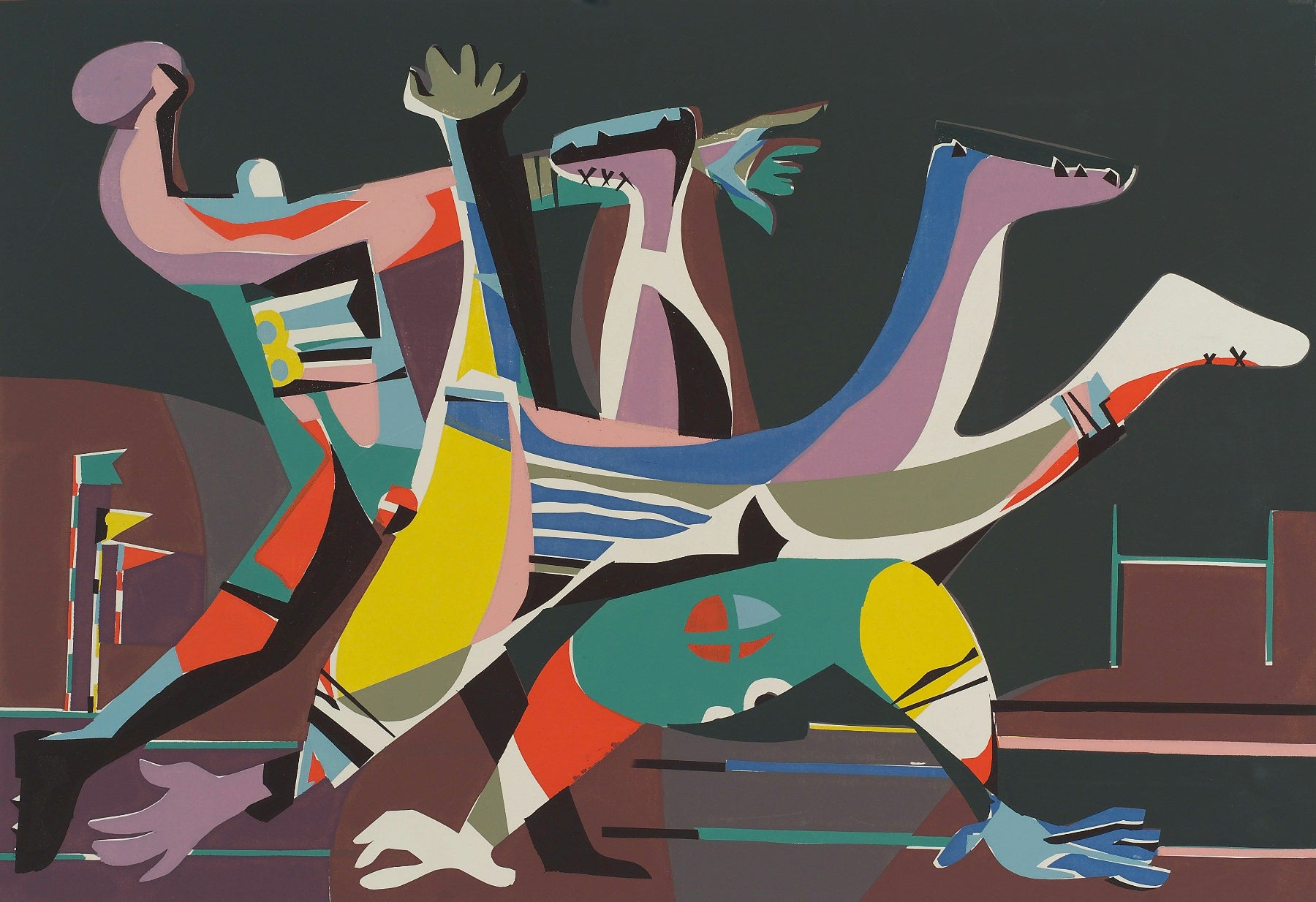 Abstract artwork with colorful figures and geometric shapes on a dark background