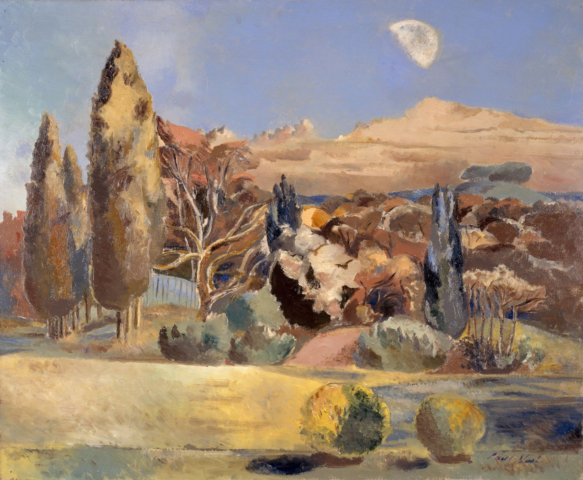 Painting of a landscape with trees and mountains under a blue sky.