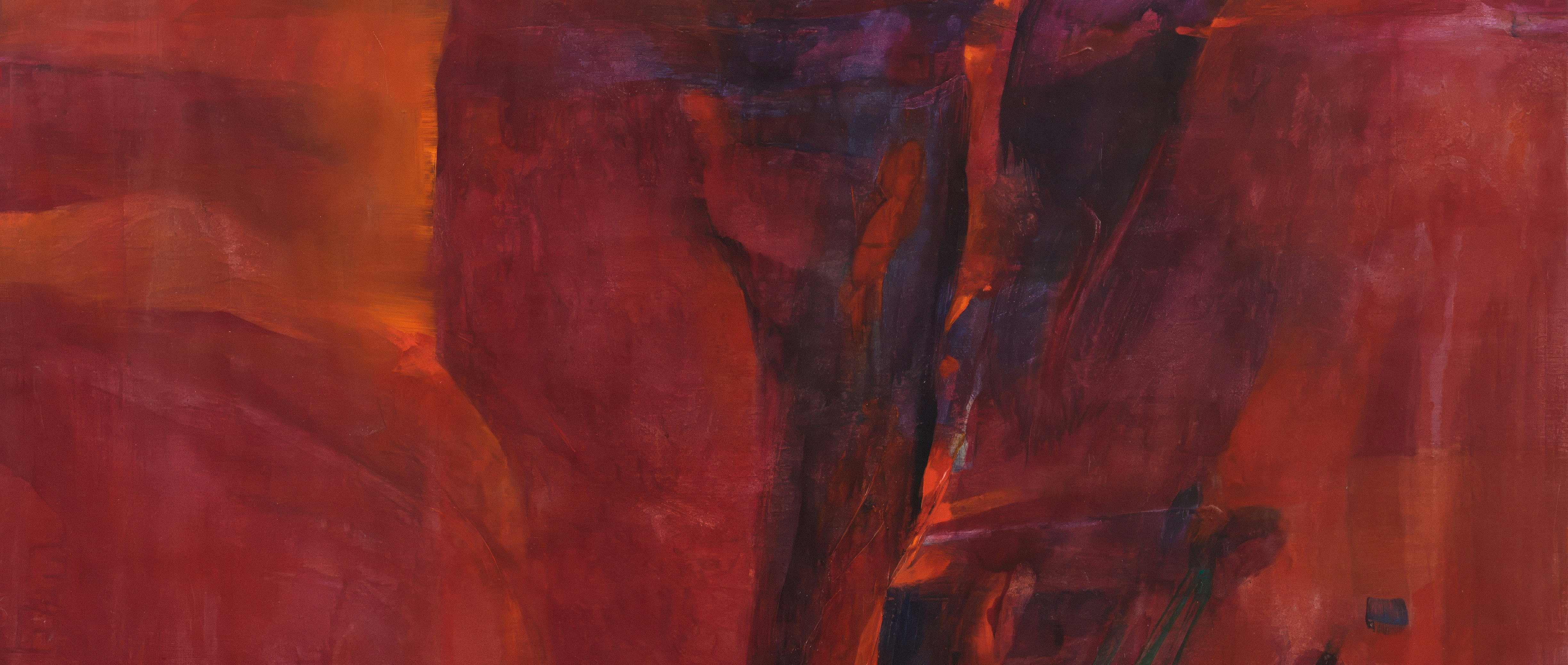 Abstract painting with warm tones of orange, red, and brown.