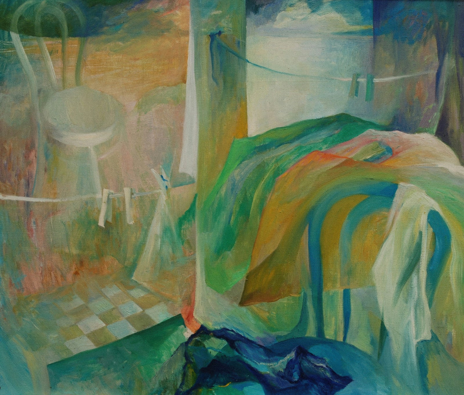 Colorful abstract painting of a room with furniture and decor.