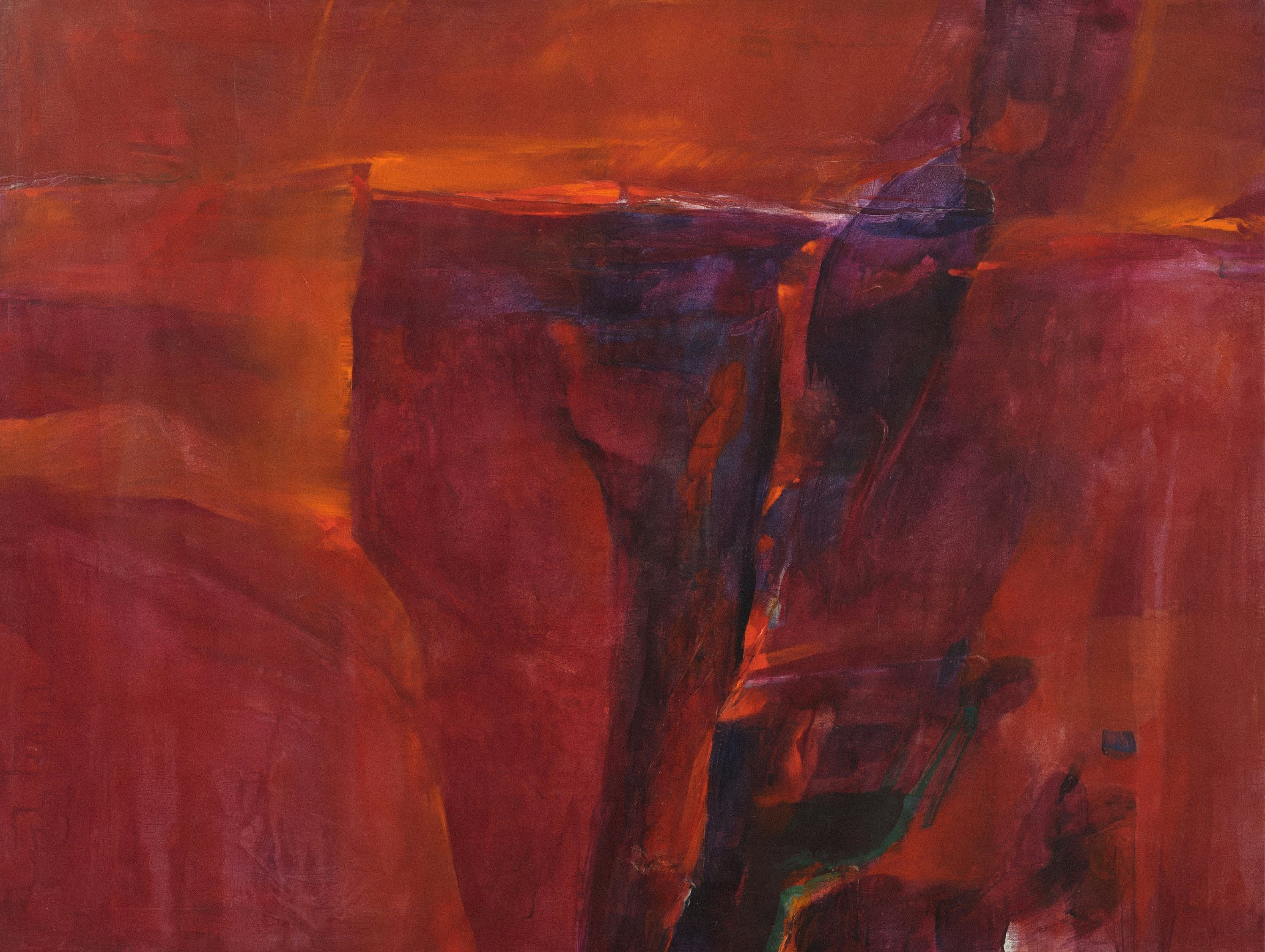 Abstract painting with warm tones of orange, red, and brown.