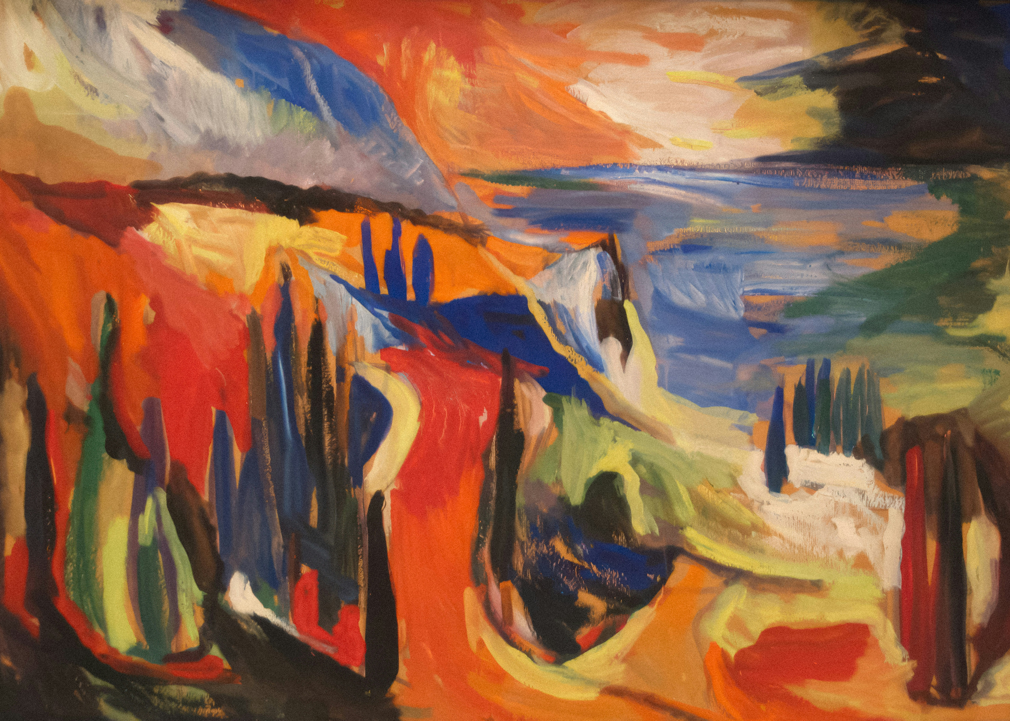 Abstract painting with vibrant colors and dynamic brush strokes