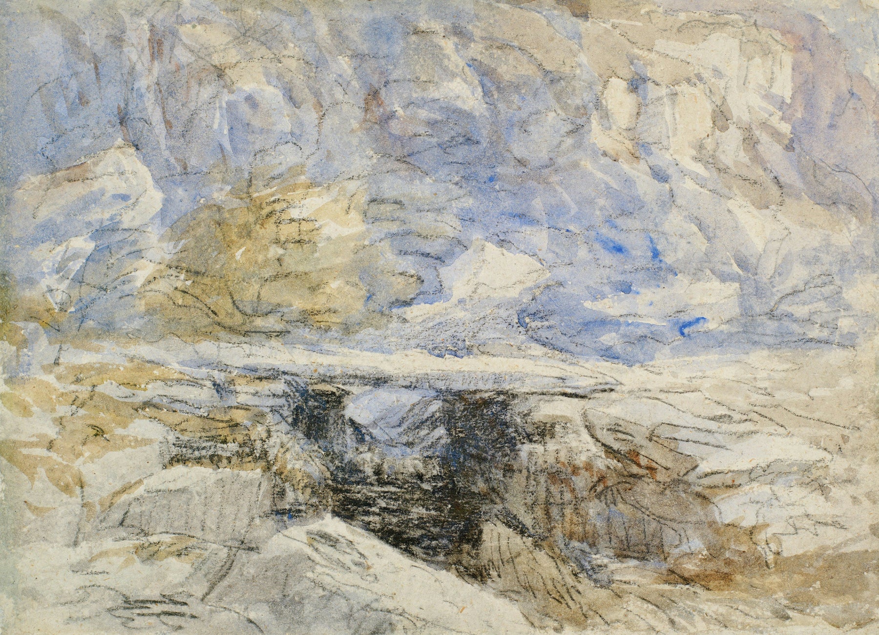 Abstract artwork with swirling patterns in blue, beige, and brown.